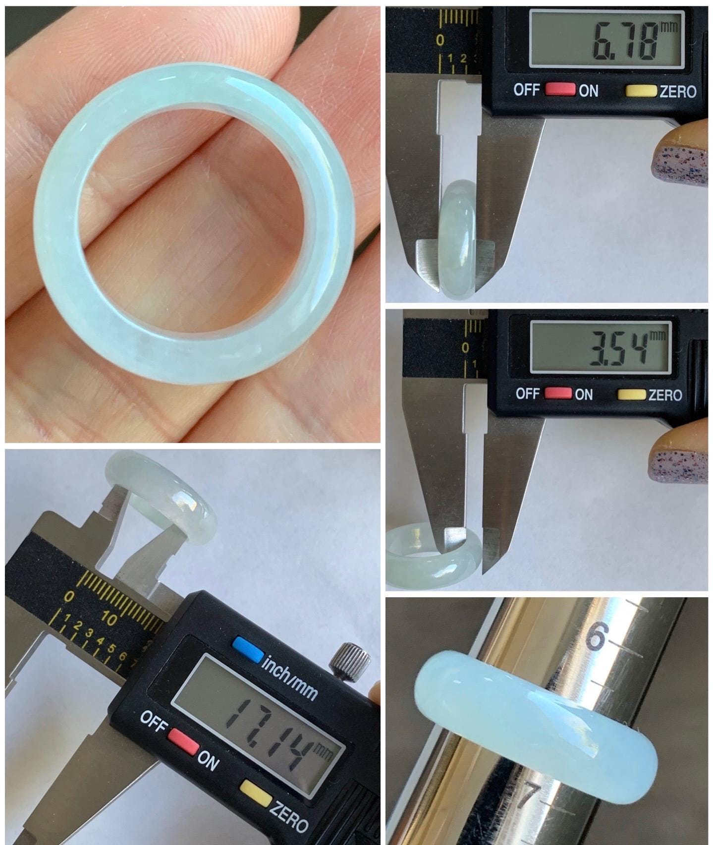 Natural Burmese Grade A Icy Highly Translucent Gelatinous White Jadeite Wide Band Ring Size 6.5 US 4g 天然缅甸白冰起光翡翠戒圈 BGQ-B