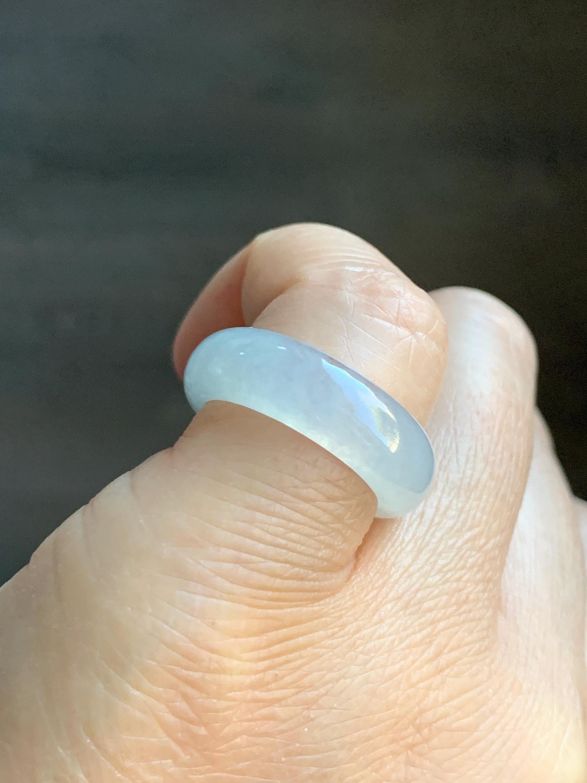 Natural Burmese Grade A Icy Highly Translucent Gelatinous White Jadeite Wide Band Ring Size 6.5 US 4g 天然缅甸白冰起光翡翠戒圈 BGQ-B