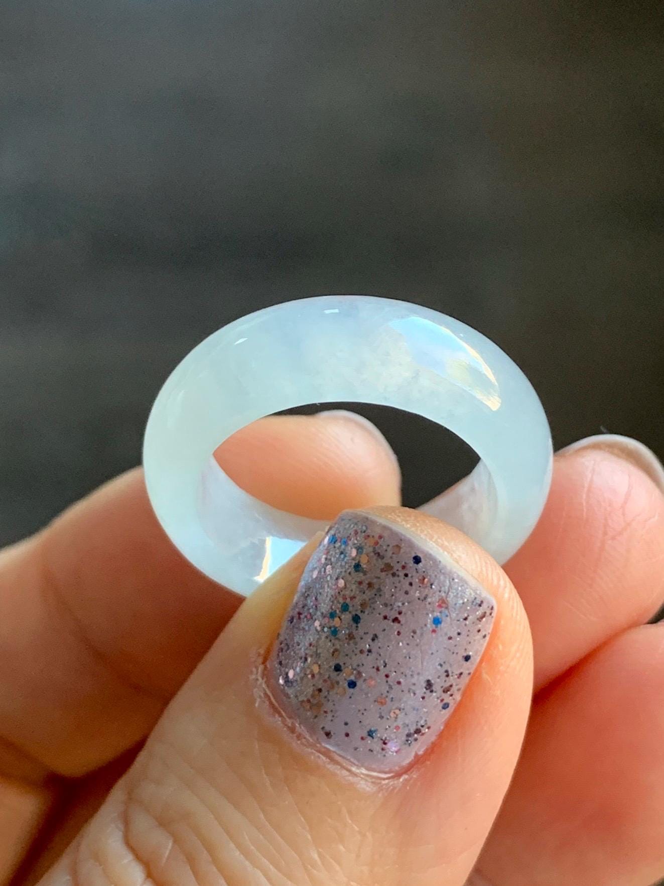 Natural Burmese Grade A Icy Highly Translucent Gelatinous White Jadeite Wide Band Ring Size 6.5 US 4g 天然缅甸白冰起光翡翠戒圈 BGQ-B