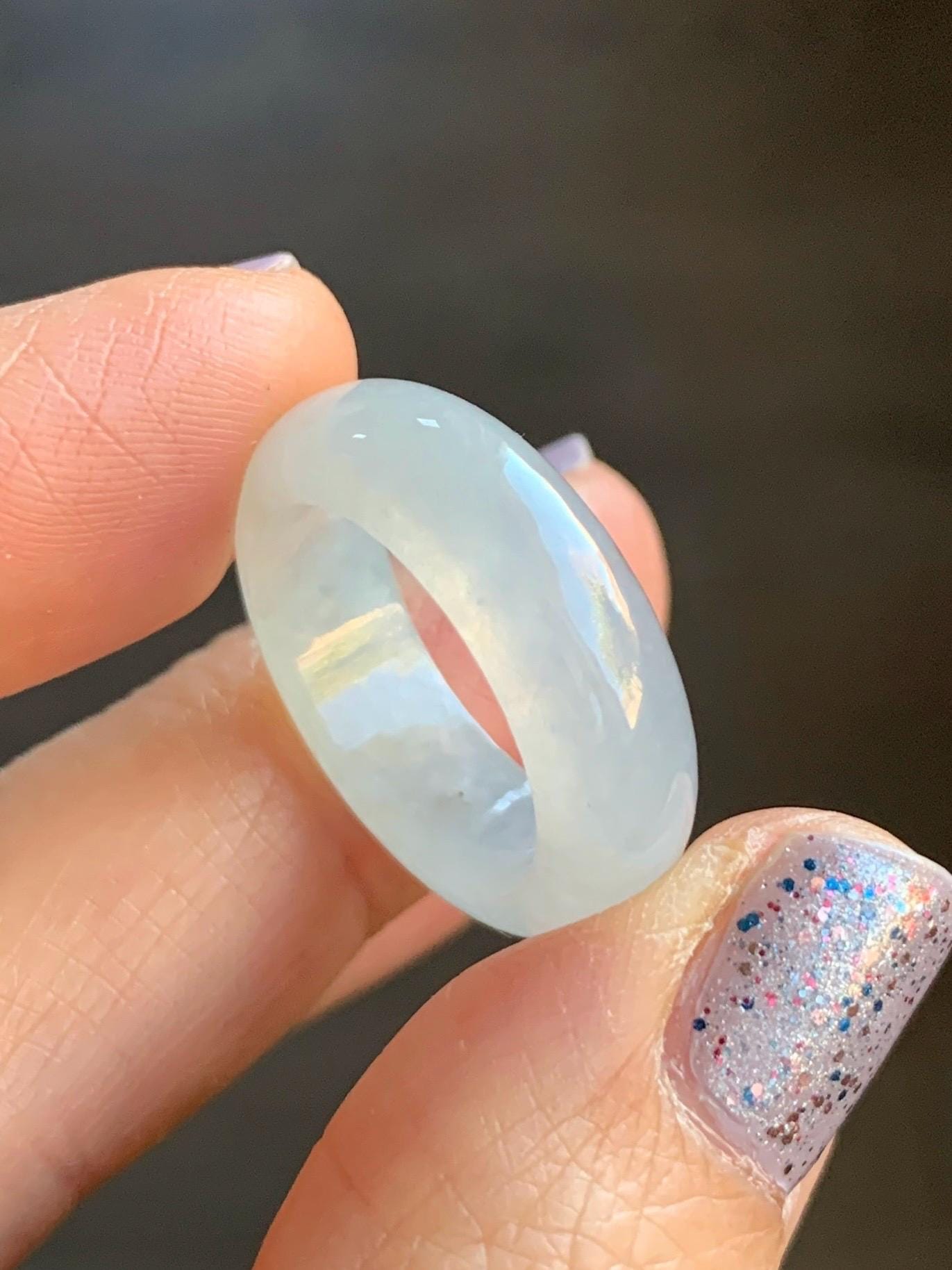 Natural Burmese Grade A Icy Highly Translucent Gelatinous White Jadeite Wide Band Ring Size 6.5 US 4g 天然缅甸白冰起光翡翠戒圈 BGQ-B