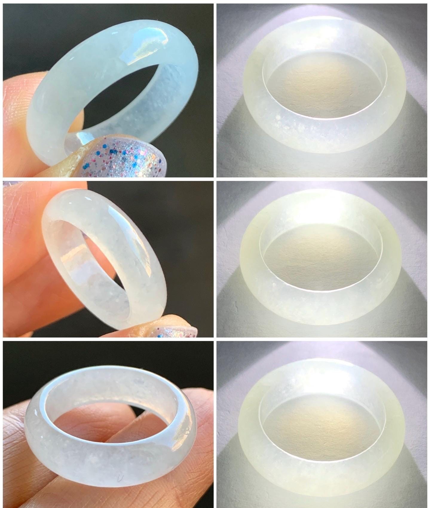 Natural Burmese Grade A Icy Highly Translucent Gelatinous White Jadeite Wide Band Ring Size 6.5 US 3g 天然缅甸白冰起光翡翠戒圈 BGQ-A
