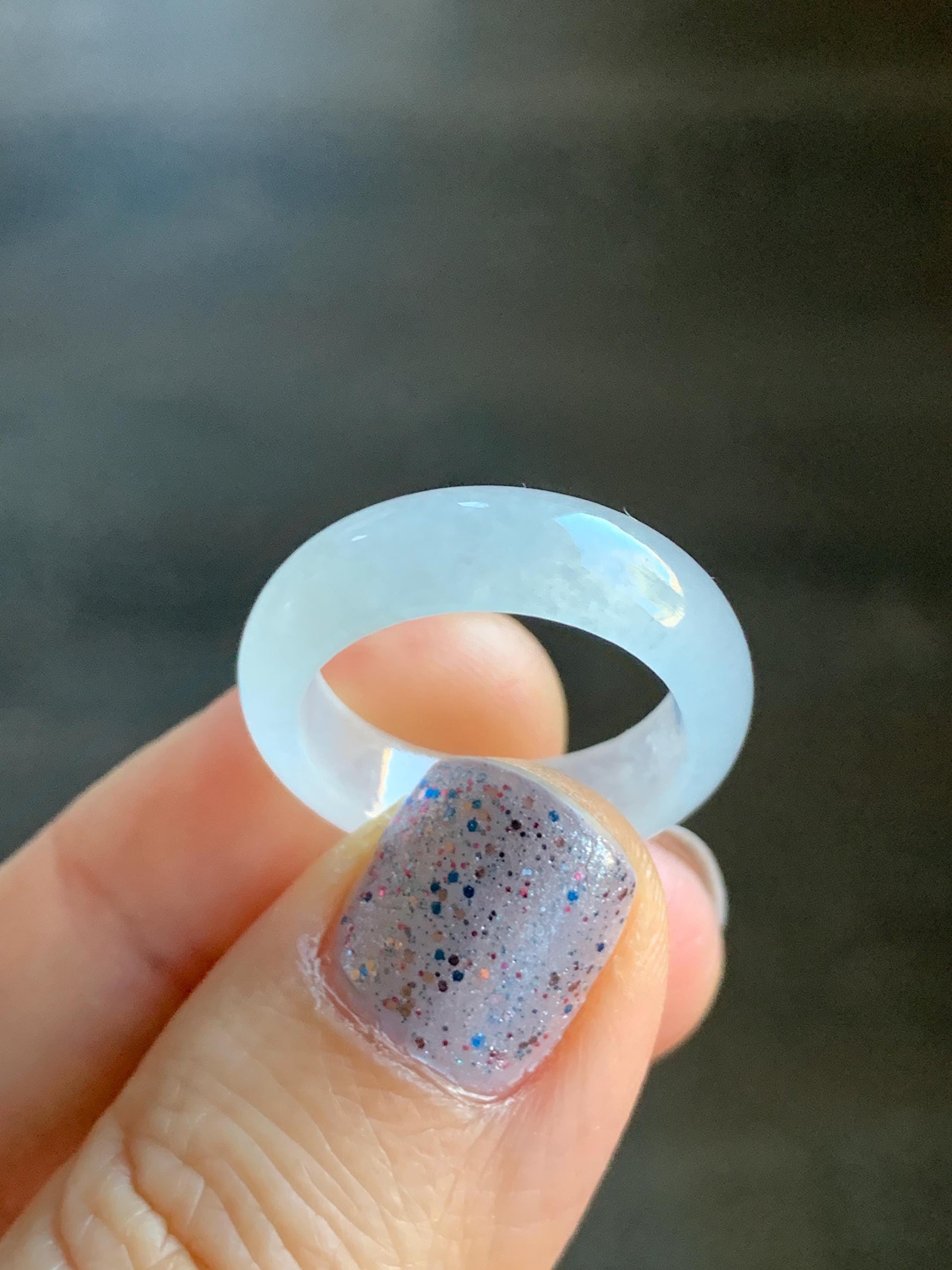 Natural Burmese Grade A Icy Highly Translucent Gelatinous White Jadeite Wide Band Ring Size 6.5 US 3g 天然缅甸白冰起光翡翠戒圈 BGQ-A