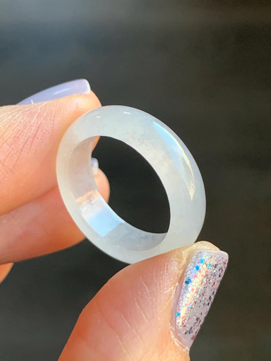Natural Burmese Grade A Icy Highly Translucent Gelatinous White Jadeite Wide Band Ring Size 6.5 US 3g 天然缅甸白冰起光翡翠戒圈 BGQ-A
