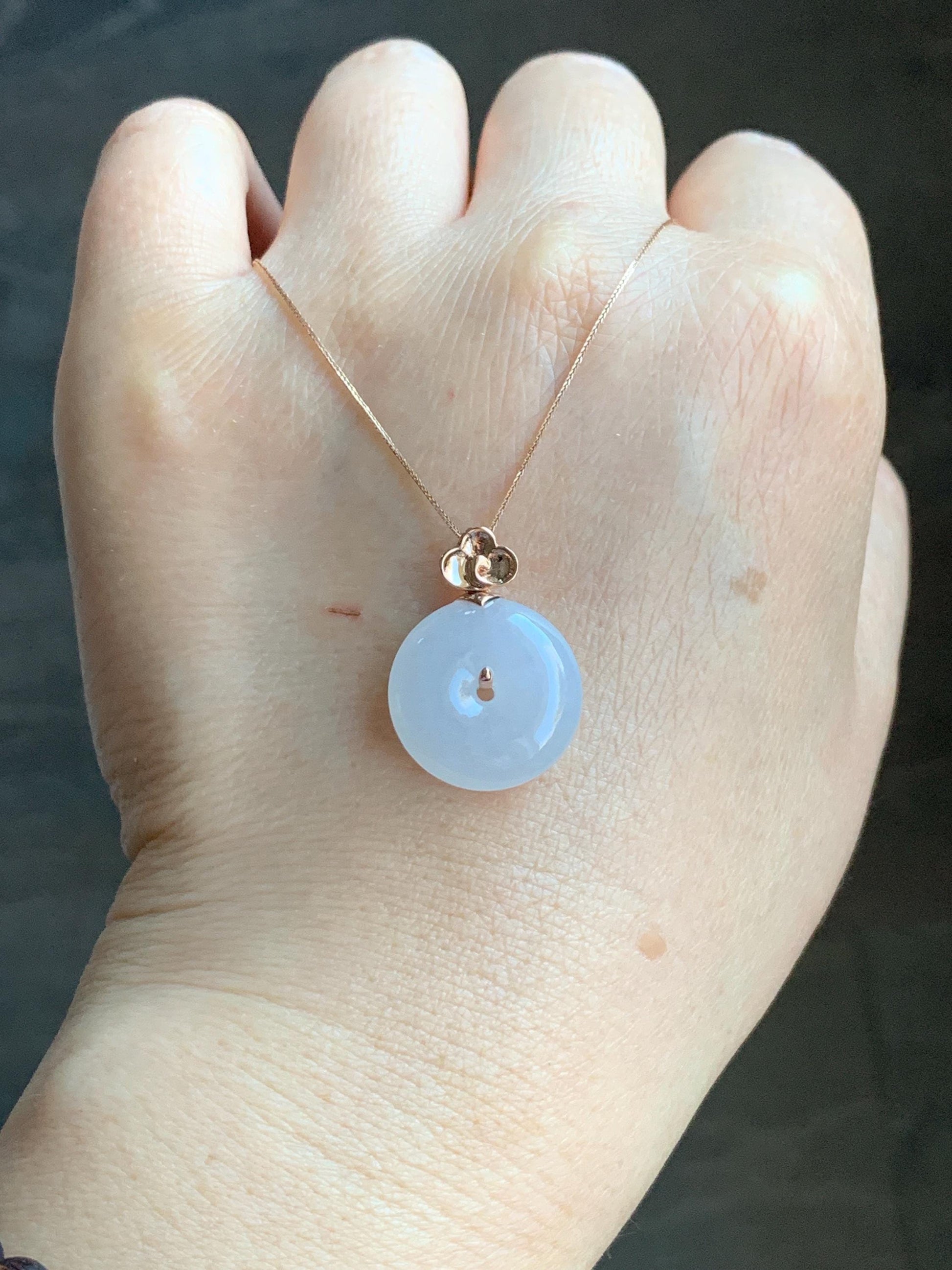Certified Natural Burmese Icy Translucent Gelatinous White Jadeite Ping An Kou Donut Pendant 18K Rose Gold 4g 天然缅甸冰胶白色粉底翡翠平安扣玫瑰金镶嵌吊坠 7425