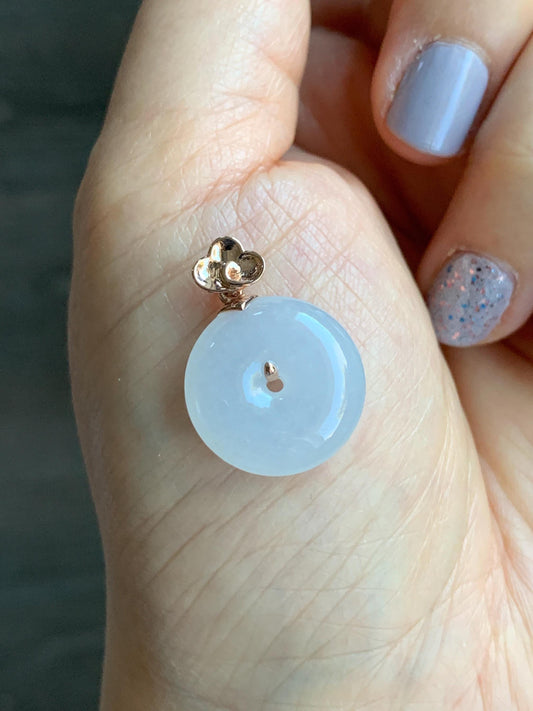 Certified Natural Burmese Icy Translucent Gelatinous White Jadeite Ping An Kou Donut Pendant 18K Rose Gold 4g 天然缅甸冰胶白色粉底翡翠平安扣玫瑰金镶嵌吊坠 7425