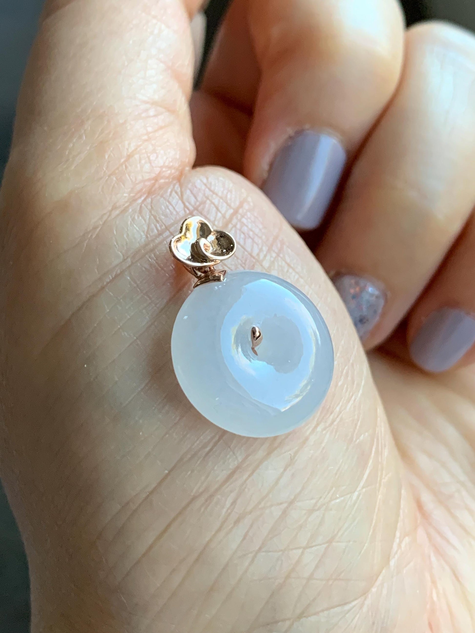 Certified Natural Burmese Icy Translucent Gelatinous White Jadeite Ping An Kou Donut Pendant 18K Rose Gold 4g 天然缅甸冰胶白色粉底翡翠平安扣玫瑰金镶嵌吊坠 7425