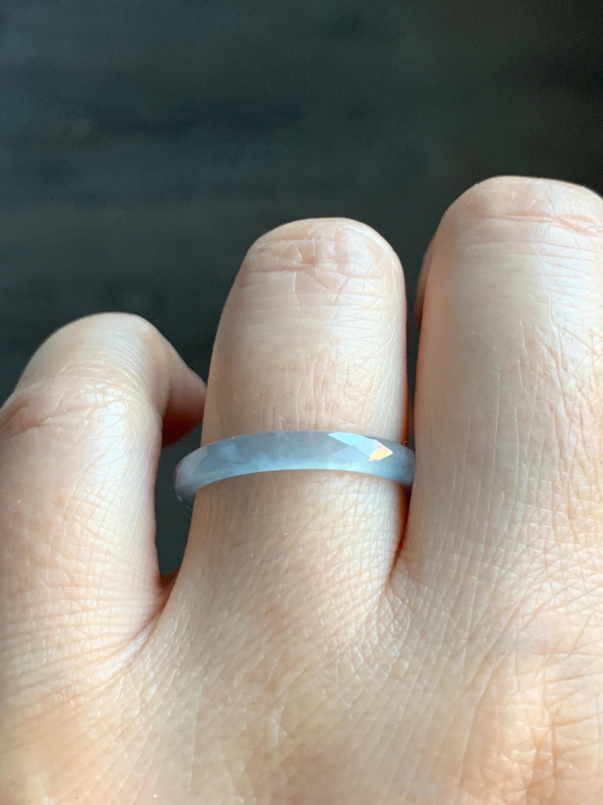 Natural Guatemalan Icy Highly Translucent Gelatinous Pale Blue Jadeite Diamond Faceted Slim Band Ring Size 9.25 US 天然冰危浅蓝起光翡翠切割面戒圈 ZQB9