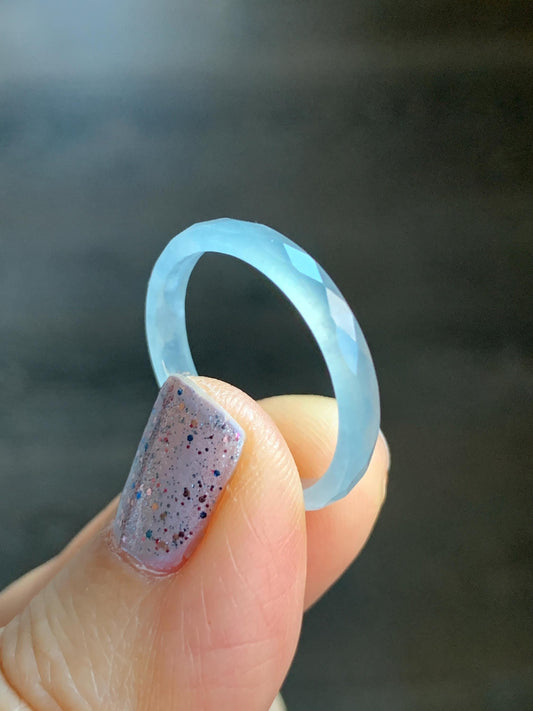 Natural Guatemalan Icy Highly Translucent Gelatinous Pale Blue Jadeite Diamond Faceted Slim Band Ring Size 9.25 US 天然冰危浅蓝起光翡翠切割面戒圈 ZQB9