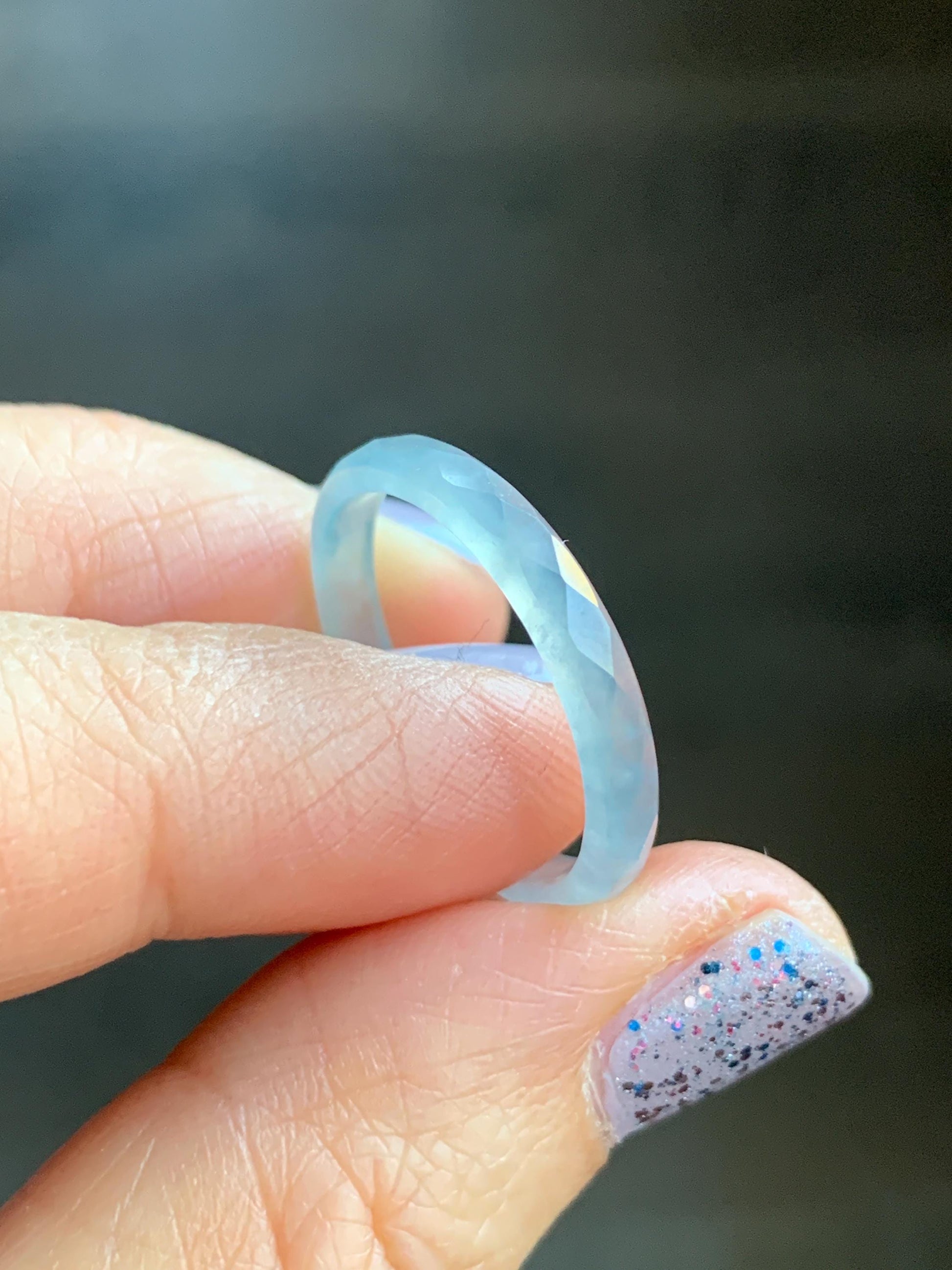 Natural Guatemalan Icy Highly Translucent Gelatinous Pale Blue Jadeite Diamond Faceted Slim Band Ring Size 9.25 US 天然冰危浅蓝起光翡翠切割面戒圈 ZQB9