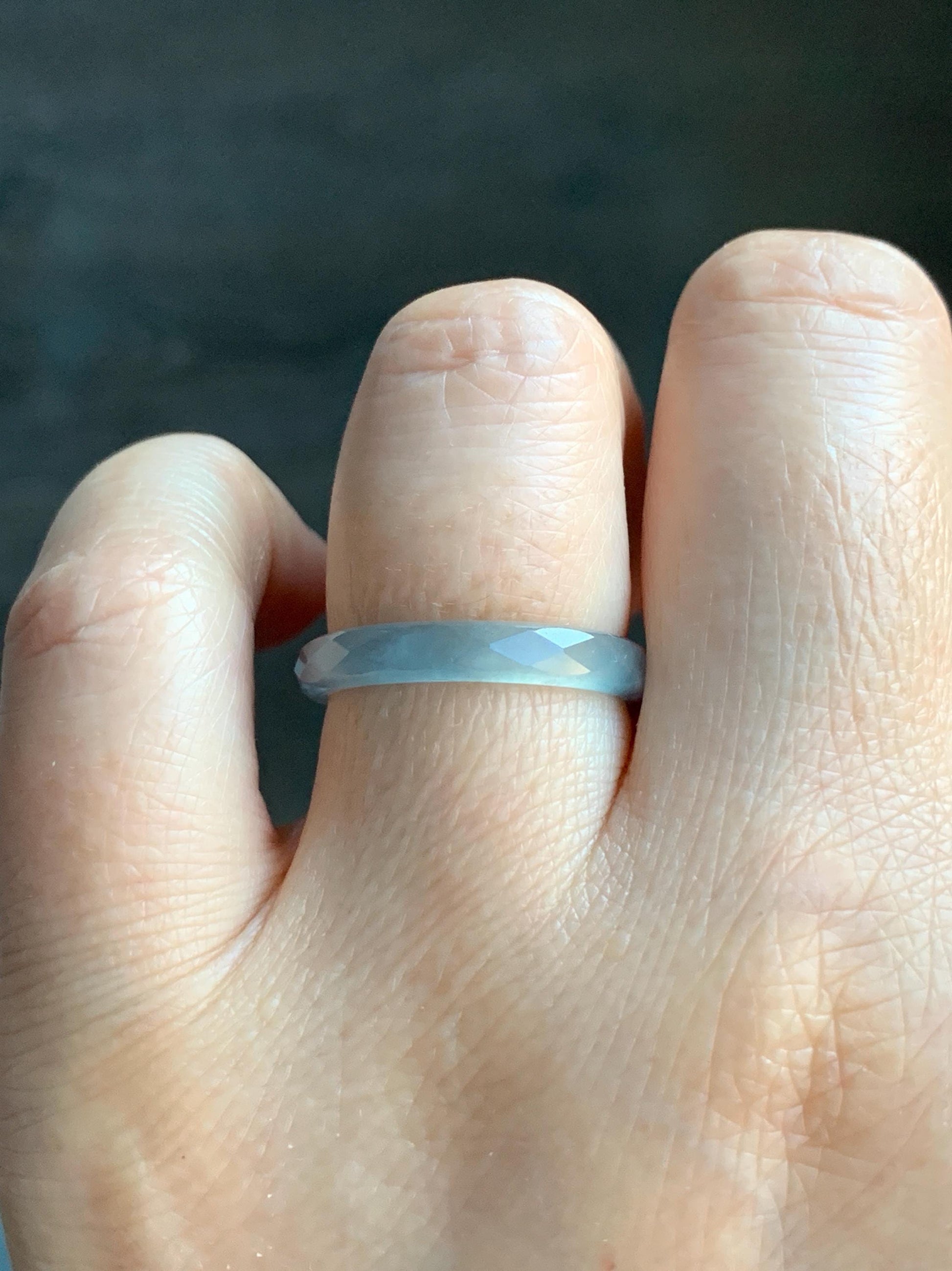 Natural Guatemalan Icy Highly Translucent Gelatinous Pale Blue Jadeite Diamond Faceted Slim Band Ring Size 7.75 US 天然冰危浅蓝起光翡翠切割面戒圈 ZQB8