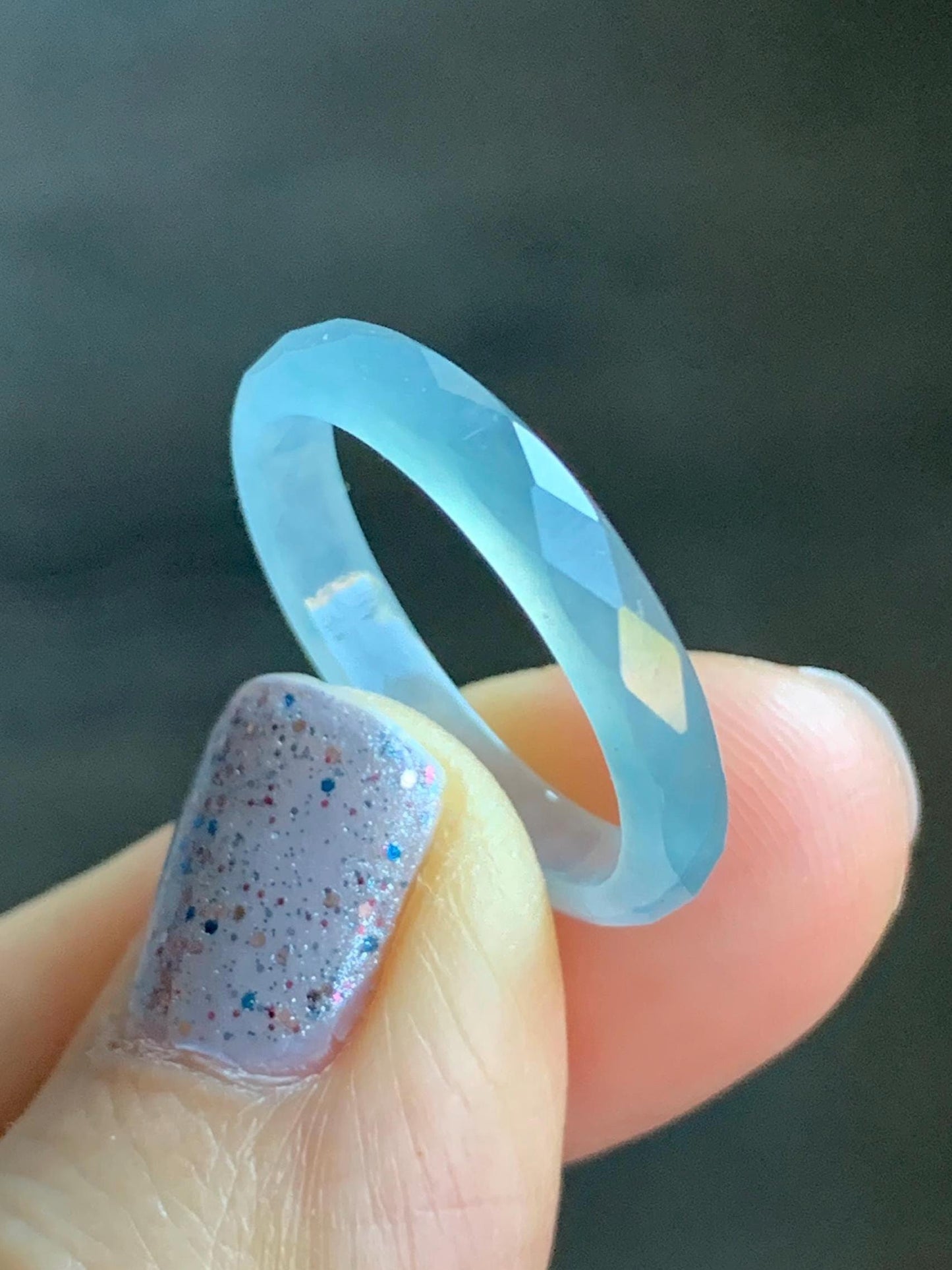 Natural Guatemalan Icy Highly Translucent Gelatinous Pale Blue Jadeite Diamond Faceted Slim Band Ring Size 7.75 US 天然冰危浅蓝起光翡翠切割面戒圈 ZQB8