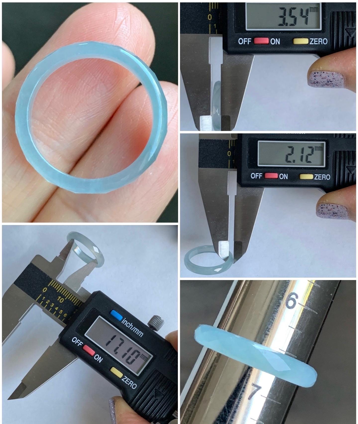 Natural Guatemalan Icy Highly Translucent Gelatinous Pale Blue Jadeite Diamond Faceted Slim Band Ring Size 6.5 US 天然冰危浅蓝起光翡翠切割面戒圈 ZQB7