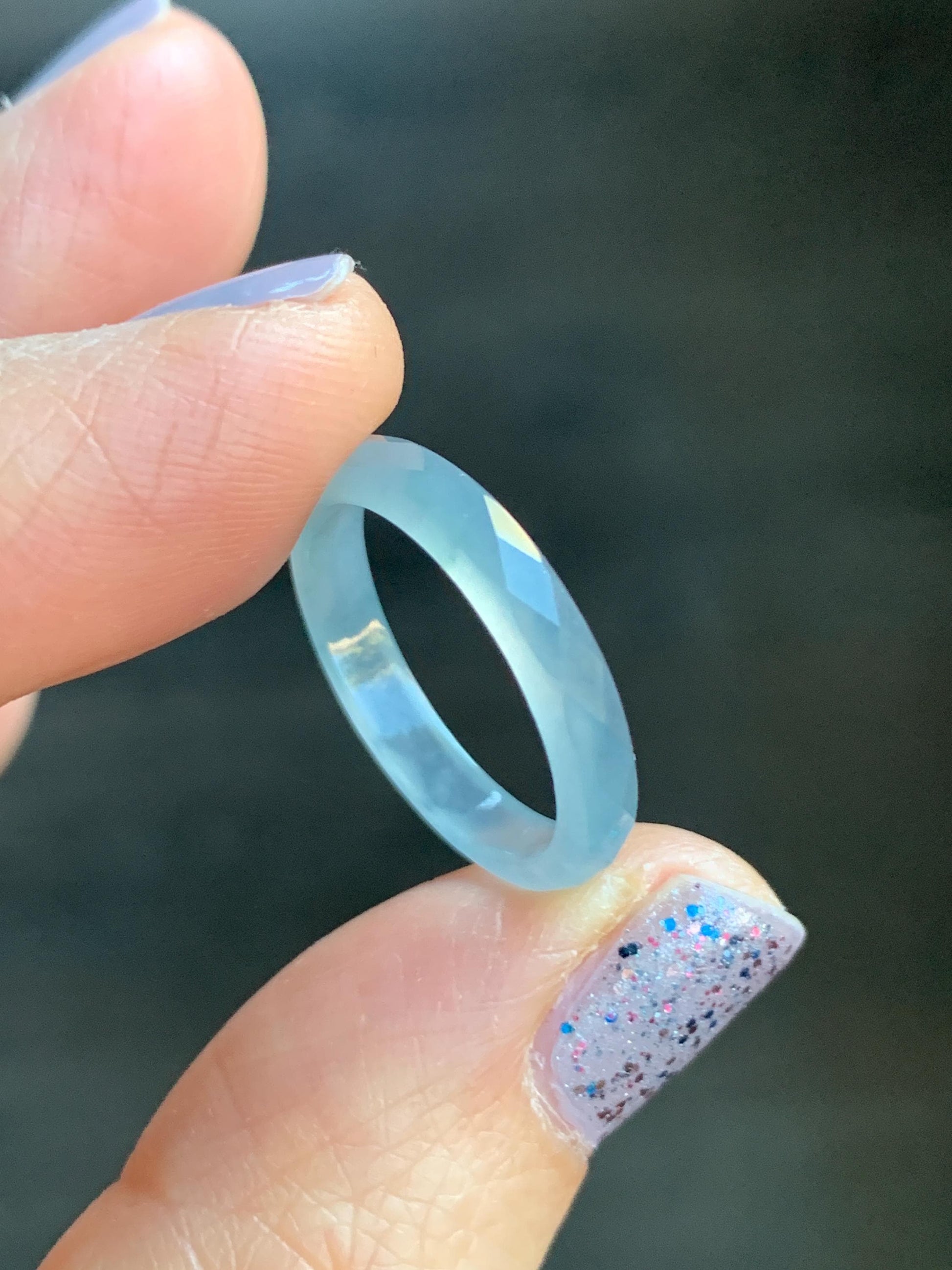Natural Guatemalan Icy Highly Translucent Gelatinous Pale Blue Jadeite Diamond Faceted Slim Band Ring Size 6.5 US 天然冰危浅蓝起光翡翠切割面戒圈 ZQB7