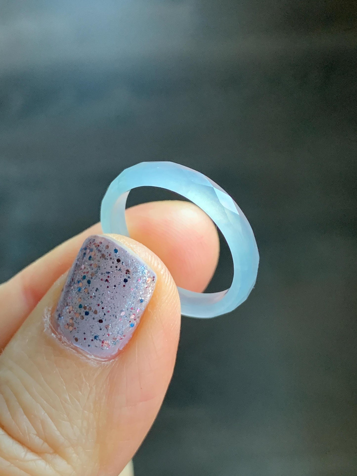 Natural Guatemalan Icy Highly Translucent Gelatinous Pale Blue Jadeite Diamond Faceted Slim Band Ring Size 6.5 US 天然冰危浅蓝起光翡翠切割面戒圈 ZQB7