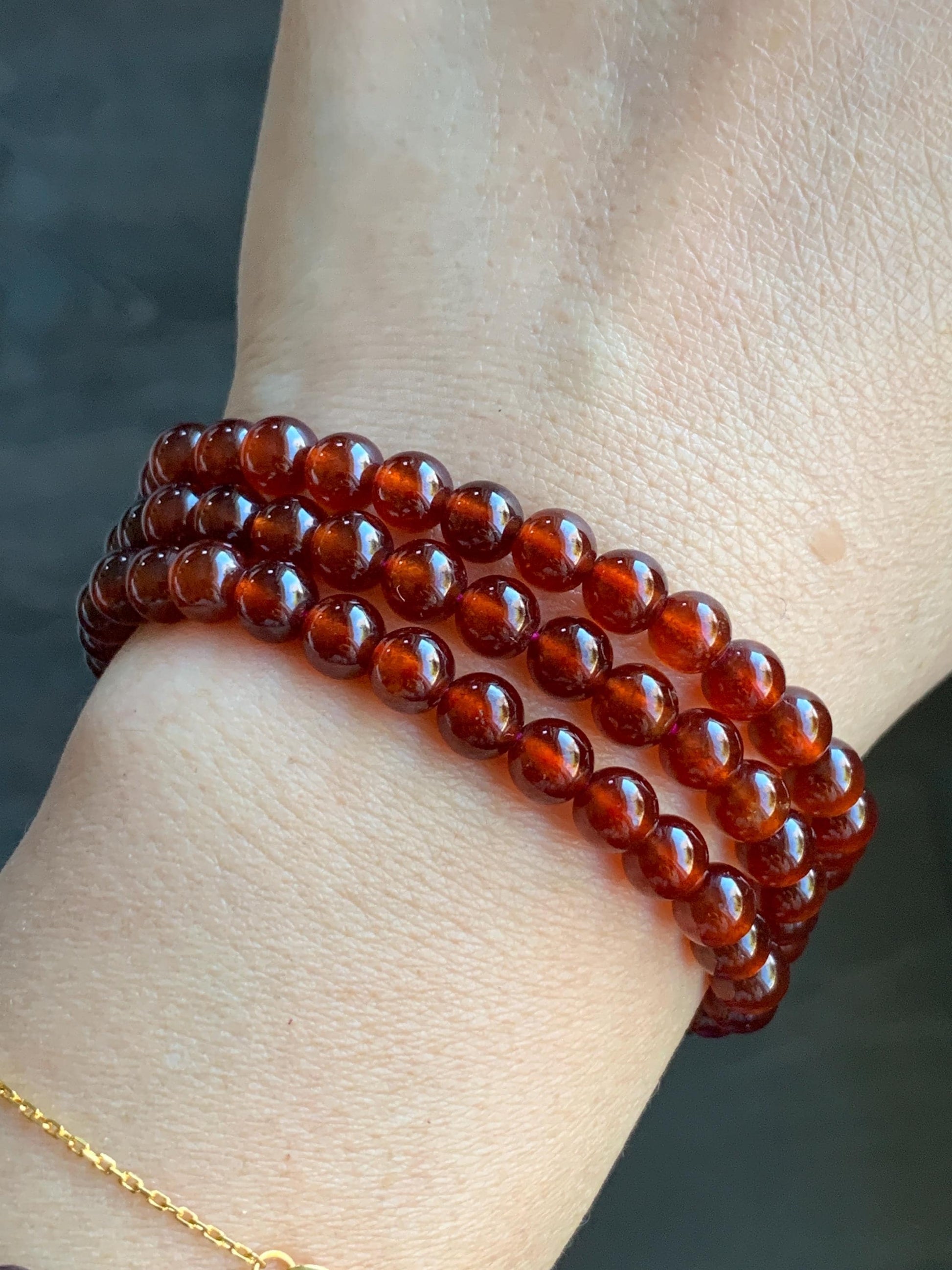 Natural Icy Highly Translucent Intense Persimmon Color Hessonite Garnet Beads Triple Layered Beaded Bracelets 5.8mm 36g 天然冰透起光柿子色石榴石手串