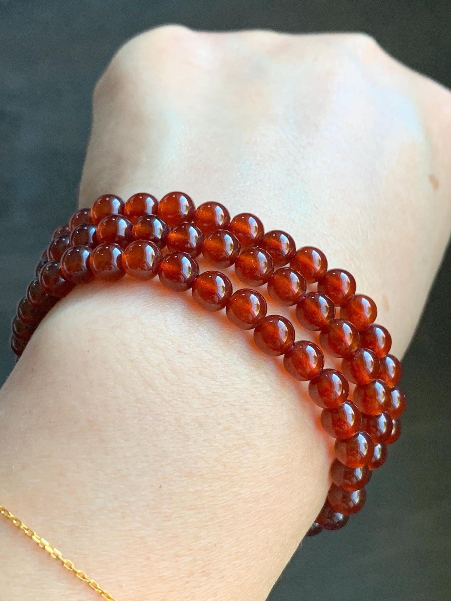 Natural Icy Highly Translucent Intense Persimmon Color Hessonite Garnet Beads Triple Layered Beaded Bracelets 5.8mm 36g 天然冰透起光柿子色石榴石手串