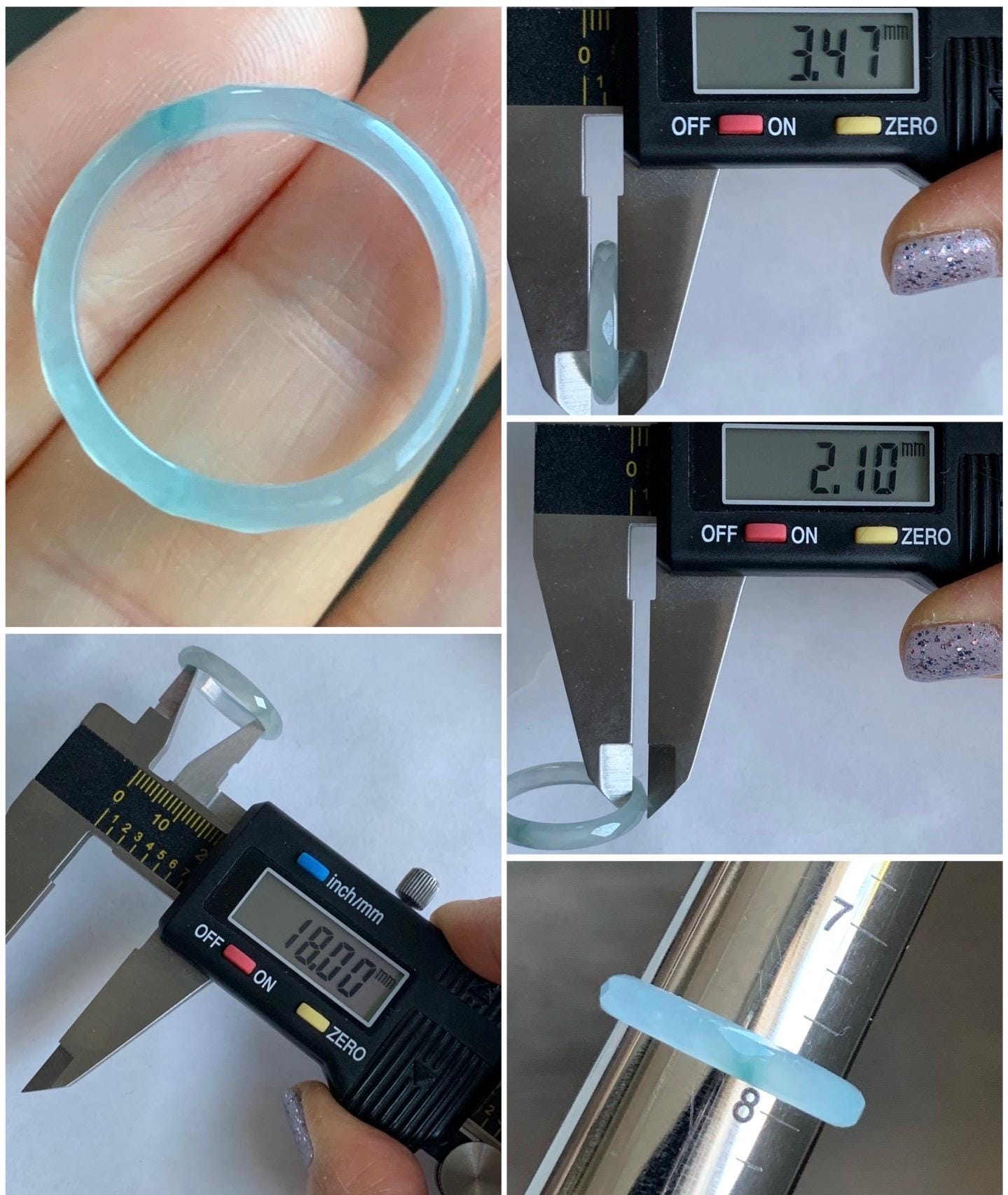 Natural Guatemalan Icy Highly Translucent Gelatinous Pale Blue Jadeite Diamond Faceted Slim Band Ring Size 7.75 US 天然冰危浅蓝飘蓝花起光翡翠切割面戒圈 ZQB6