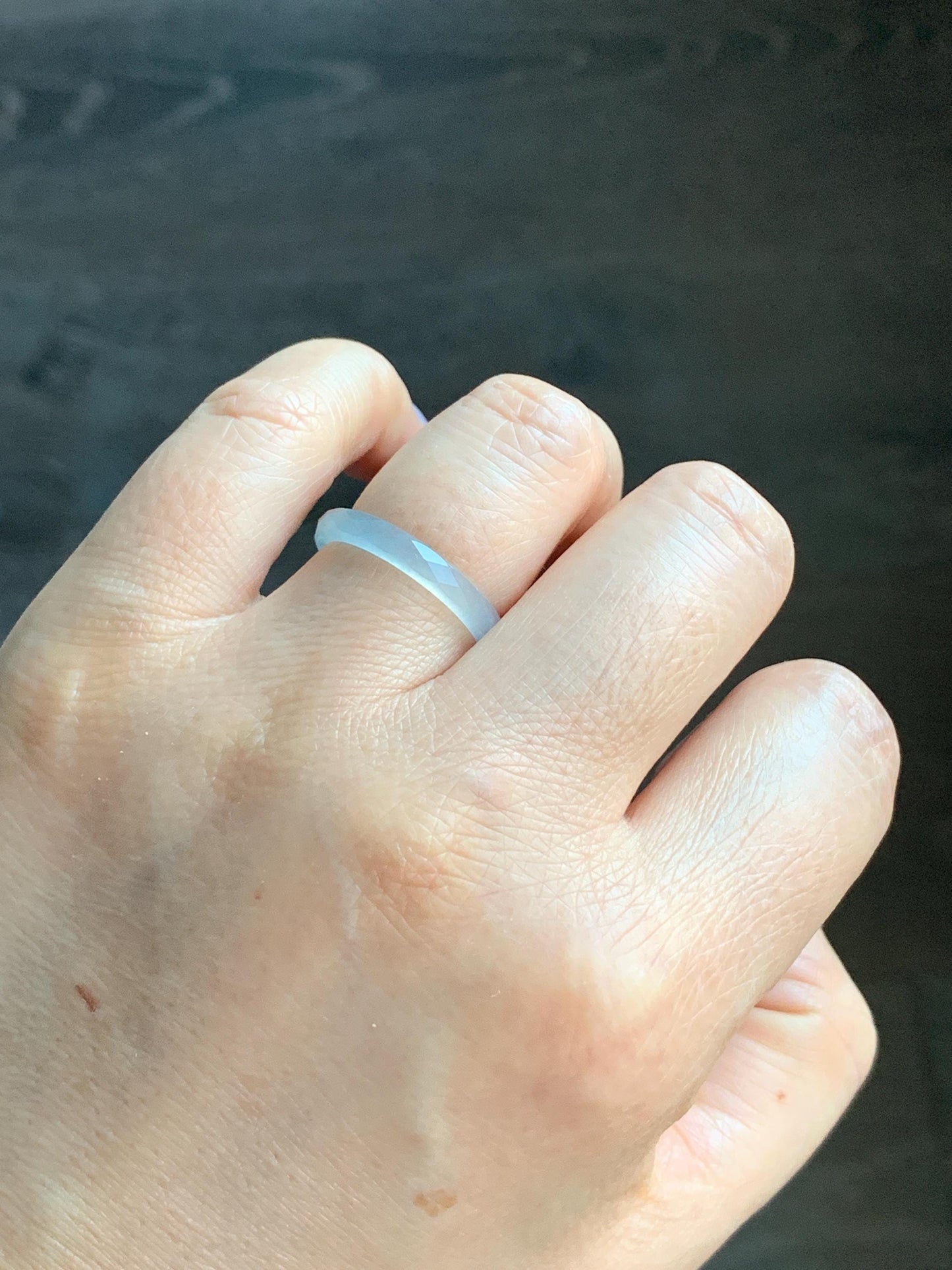 Natural Guatemalan Icy Highly Translucent Gelatinous Pale Blue Jadeite Diamond Faceted Slim Band Ring Size 7.75 US 天然冰危浅蓝飘蓝花起光翡翠切割面戒圈 ZQB6