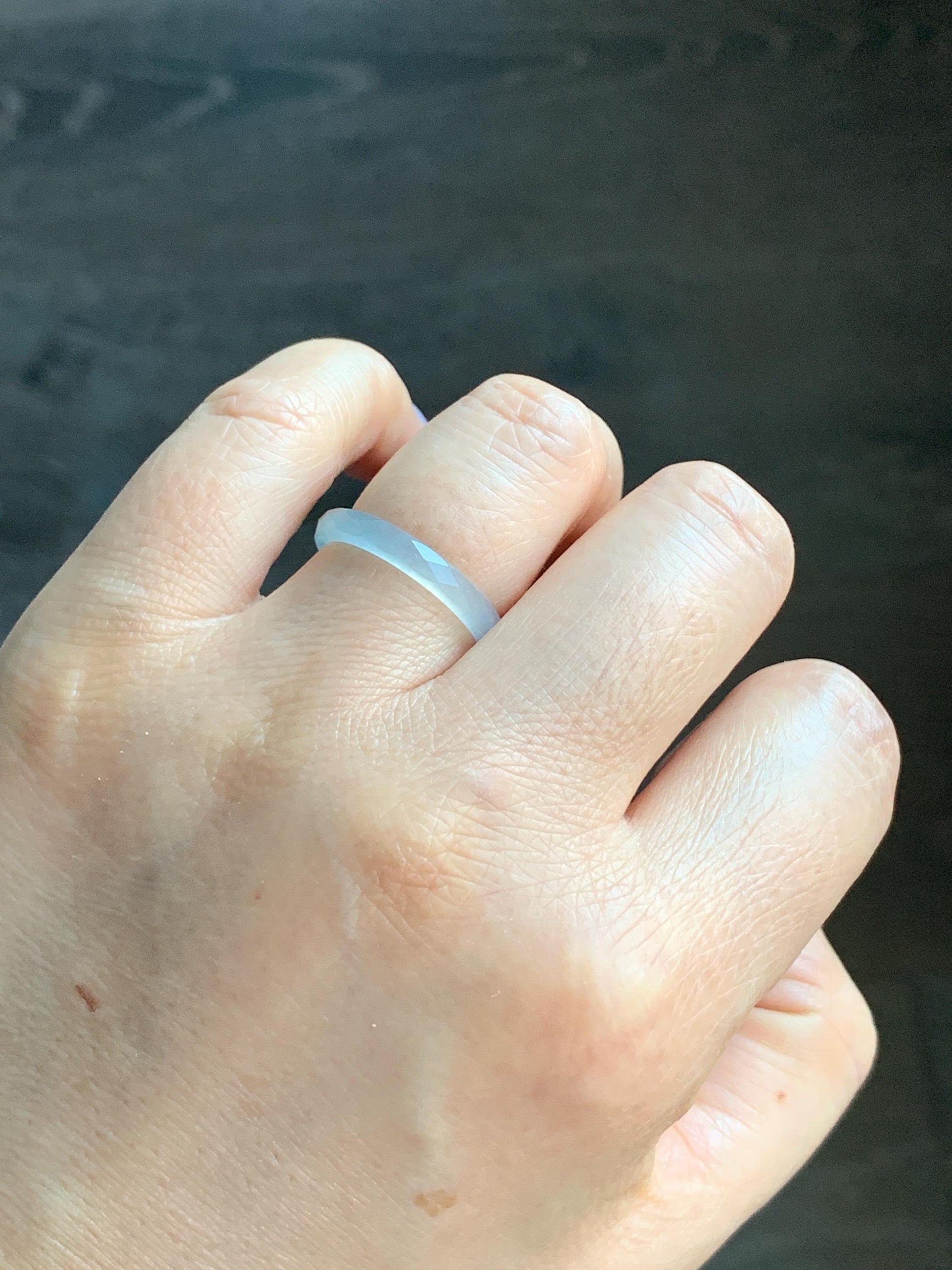 Natural Guatemalan Icy Highly Translucent Gelatinous Pale Blue Jadeite Diamond Faceted Slim Band Ring Size 7.75 US 天然冰危浅蓝飘蓝花起光翡翠切割面戒圈 ZQB6