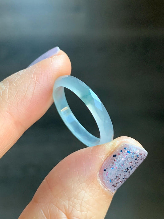 Natural Guatemalan Icy Highly Translucent Gelatinous Pale Blue Jadeite Diamond Faceted Slim Band Ring Size 7.75 US 天然冰危浅蓝飘蓝花起光翡翠切割面戒圈 ZQB6