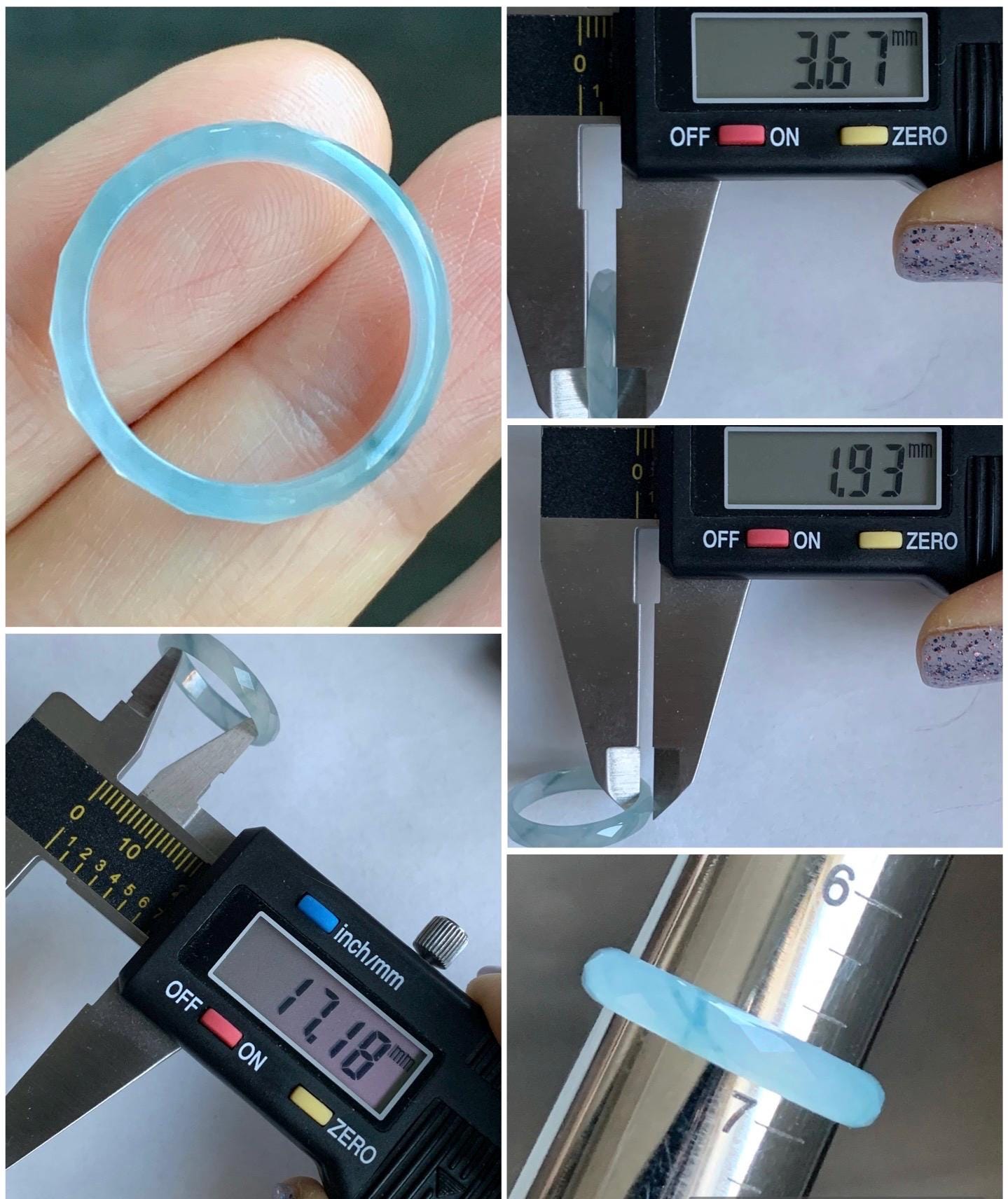 Natural Guatemalan Icy Highly Translucent Gelatinous Pale Blue Jadeite Diamond Faceted Slim Band Ring Size 6.75 US 天然冰危浅蓝飘蓝花起光翡翠切割面戒圈 ZQB5