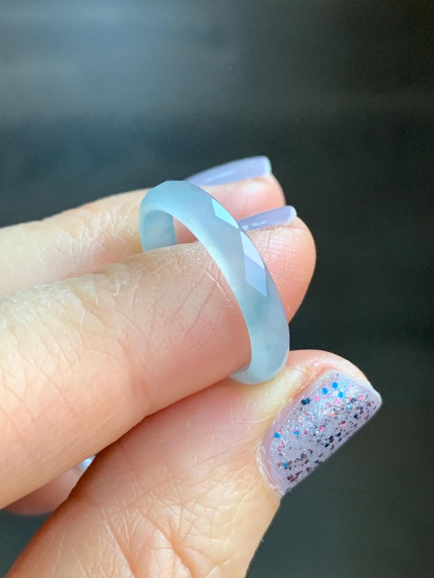Natural Guatemalan Icy Highly Translucent Gelatinous Pale Blue Jadeite Diamond Faceted Slim Band Ring Size 6.75 US 天然冰危浅蓝飘蓝花起光翡翠切割面戒圈 ZQB5