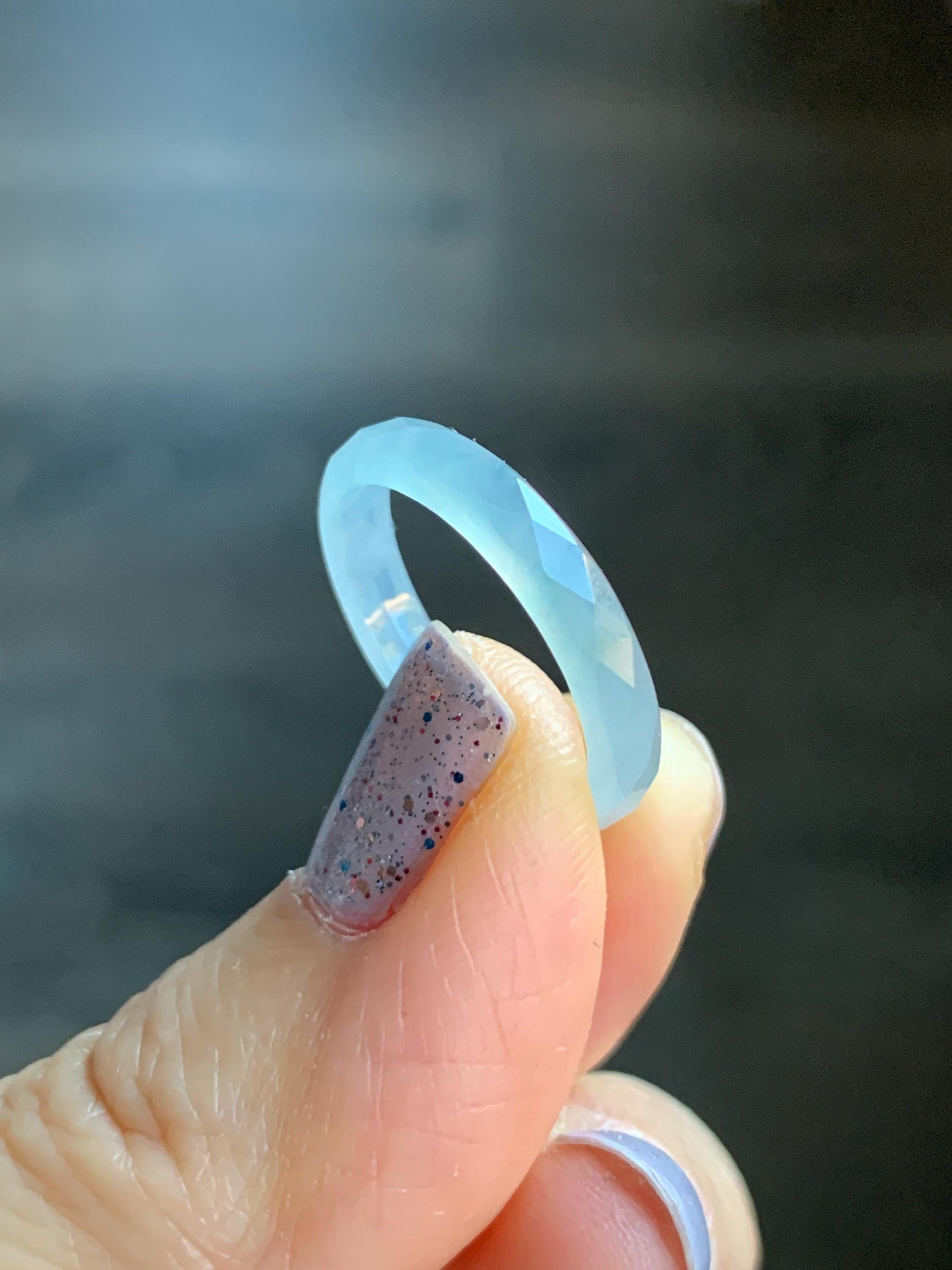 Natural Guatemalan Icy Highly Translucent Gelatinous Pale Blue Jadeite Diamond Faceted Slim Band Ring Size 6.75 US 天然冰危浅蓝飘蓝花起光翡翠切割面戒圈 ZQB5