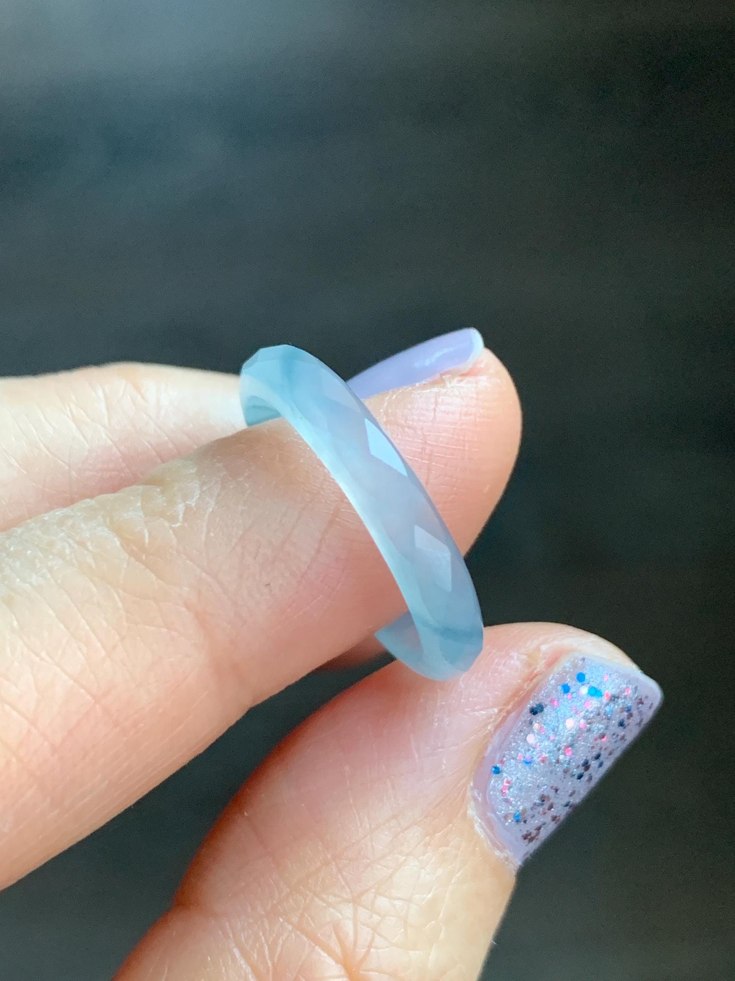 Natural Guatemalan Icy Highly Translucent Gelatinous Pale Blue Jadeite Diamond Faceted Slim Band Ring Size 6.75 US 天然冰危浅蓝飘蓝花起光翡翠切割面戒圈 ZQB5