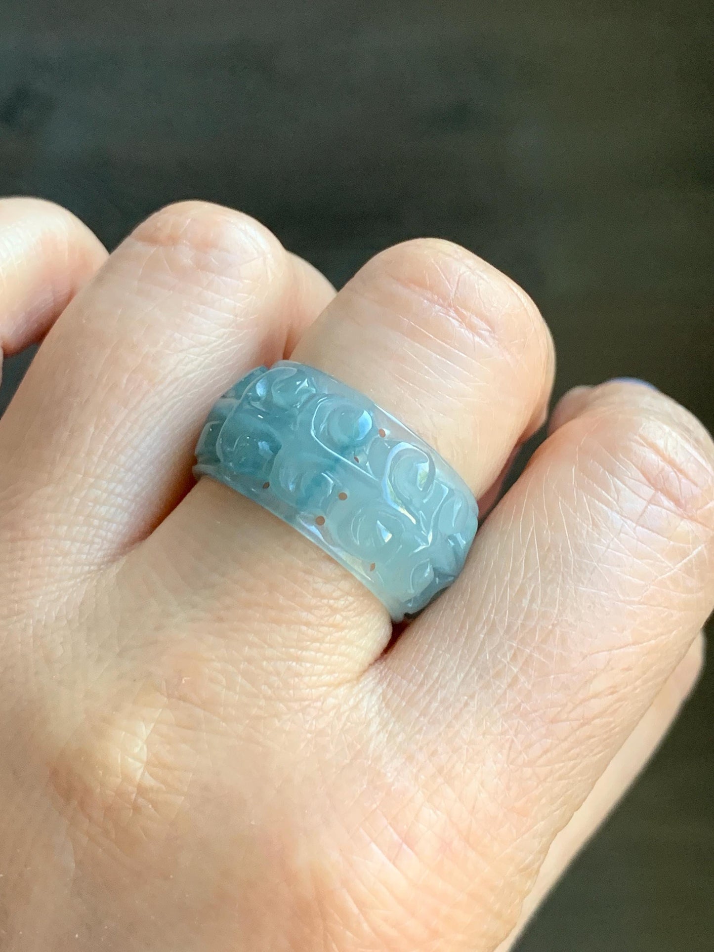 Natural Guatemalan Icy Translucent Light Dusty Blue & Blue Marbled Jadeite Openwork Engraved Band Ring Size 10 US 天然冰胶危淡蓝飘花翡翠镂空雕戒圈 LKD-C