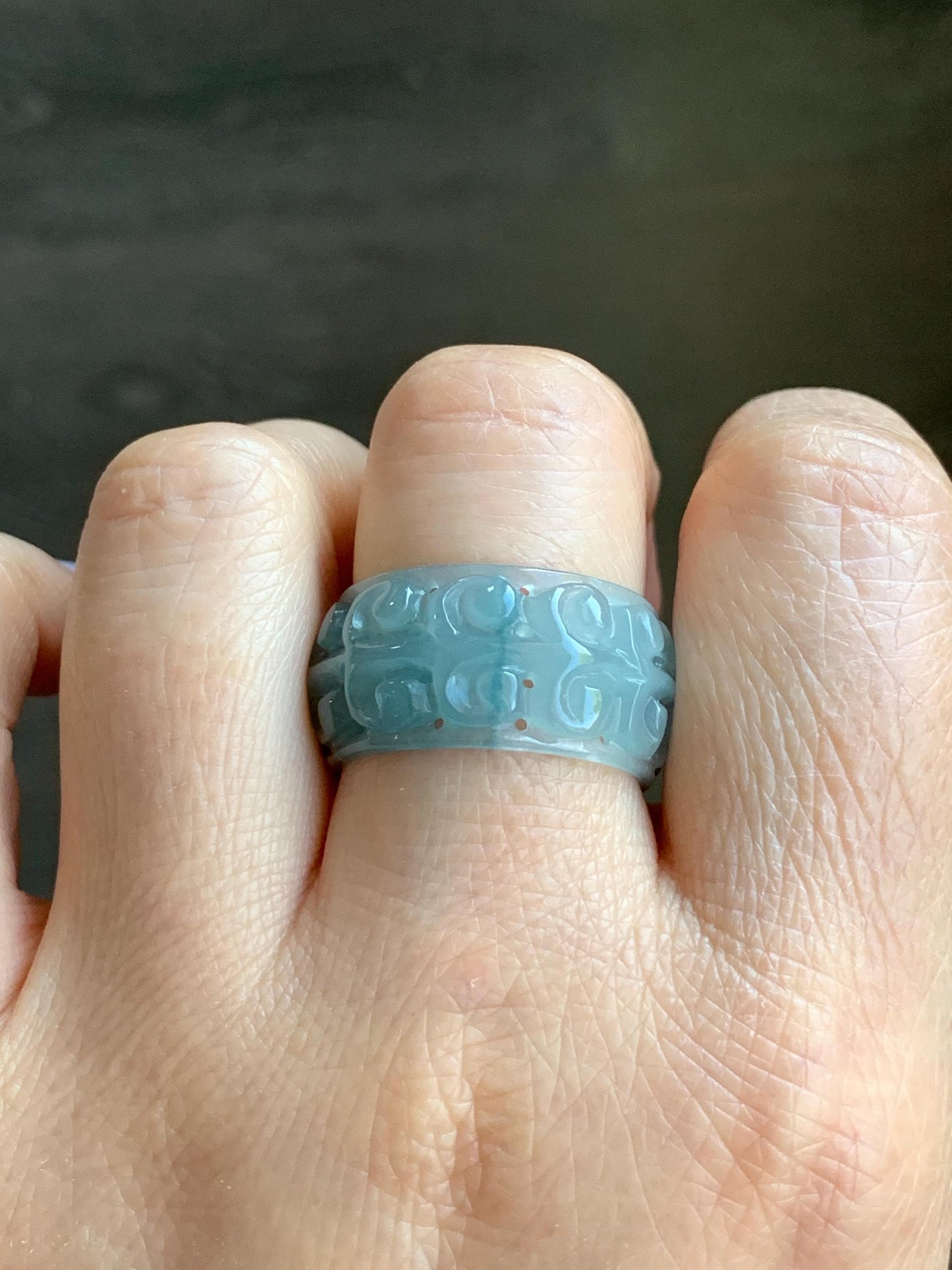 Natural Guatemalan Icy Translucent Light Dusty Blue & Blue Marbled Jadeite Openwork Engraved Band Ring Size 10 US 天然冰胶危淡蓝飘花翡翠镂空雕戒圈 LKD-C