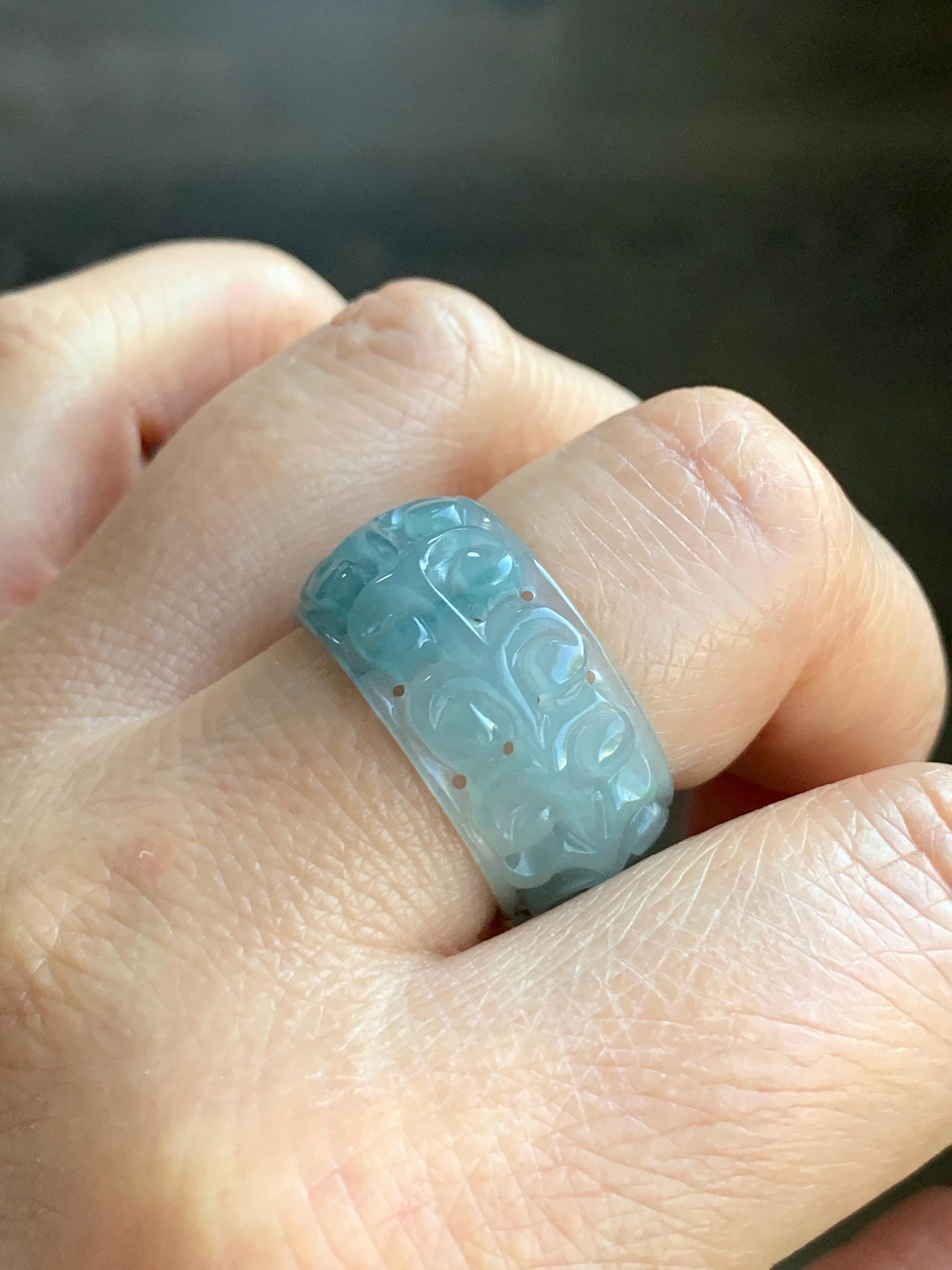 Natural Guatemalan Icy Translucent Light Dusty Blue & Blue Marbled Jadeite Openwork Engraved Band Ring Size 10 US 天然冰胶危淡蓝飘花翡翠镂空雕戒圈 LKD-C