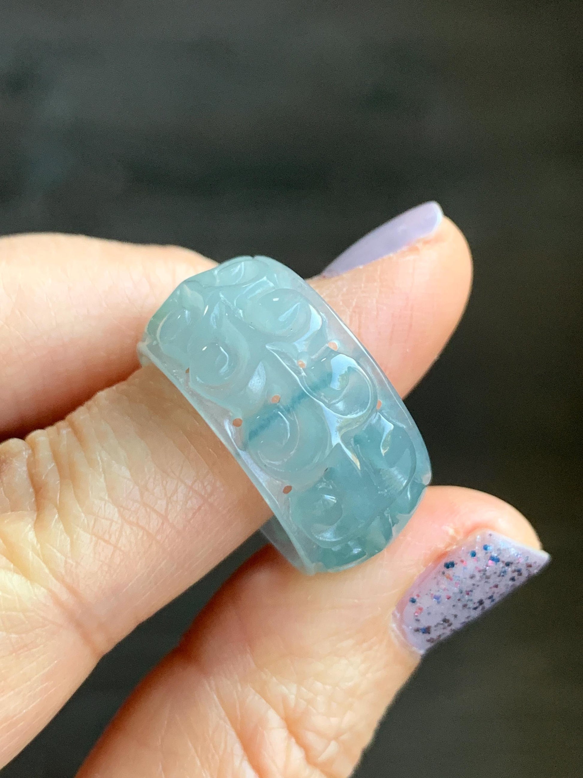 Natural Guatemalan Icy Translucent Light Dusty Blue & Blue Marbled Jadeite Openwork Engraved Band Ring Size 10 US 天然冰胶危淡蓝飘花翡翠镂空雕戒圈 LKD-C