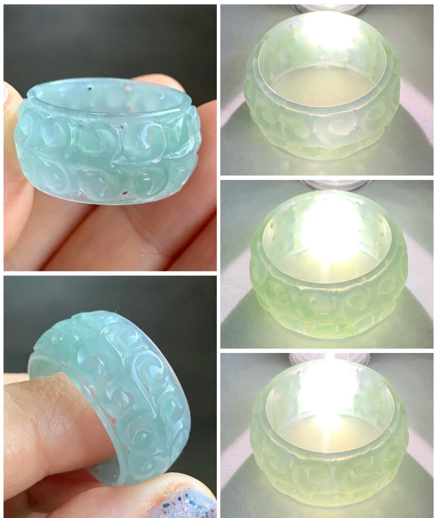 Natural Guatemalan Icy Translucent Gelatinous Light Dusty Teal Blue Jadeite Openwork Engraved Band Ring Size 10 US 天然冰胶危淡蓝翡翠镂空雕戒圈 LKD-B