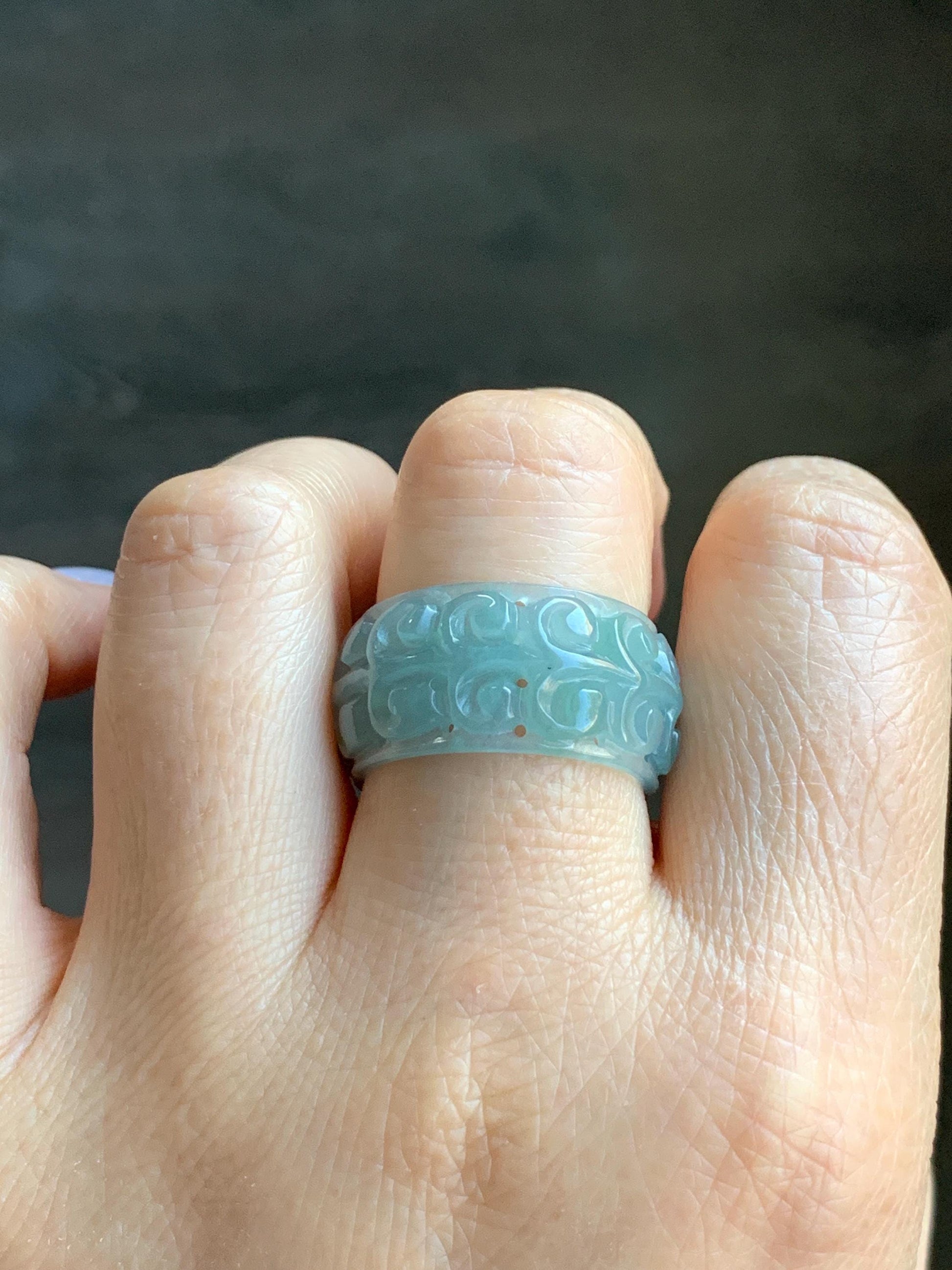 Natural Guatemalan Icy Translucent Gelatinous Light Dusty Teal Blue Jadeite Openwork Engraved Band Ring Size 10 US 天然冰胶危淡蓝翡翠镂空雕戒圈 LKD-B