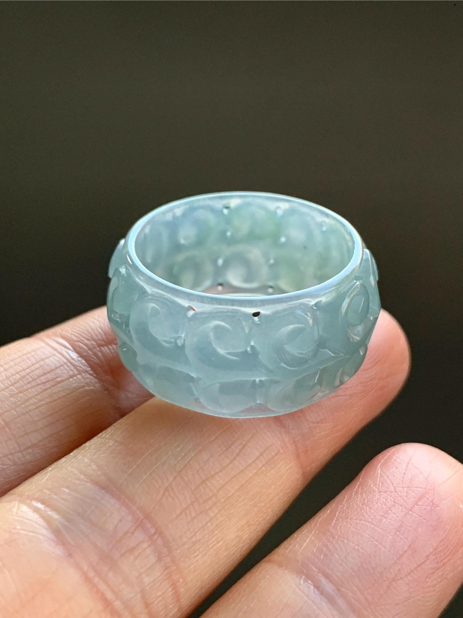 Natural Guatemalan Icy Translucent Gelatinous Light Dusty Teal Blue Jadeite Openwork Engraved Band Ring Size 10 US 天然冰胶危淡蓝翡翠镂空雕戒圈 LKD-B