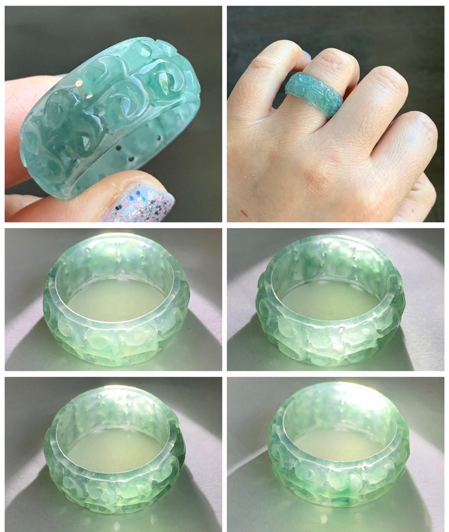 Natural Guatemalan Icy Translucent Teal Blue & Dark Green Marbled Jadeite Openwork Engraved Band Ring Size 9 US 天然冰胶危蓝绿飘花翡翠镂空雕戒圈 LKD-A