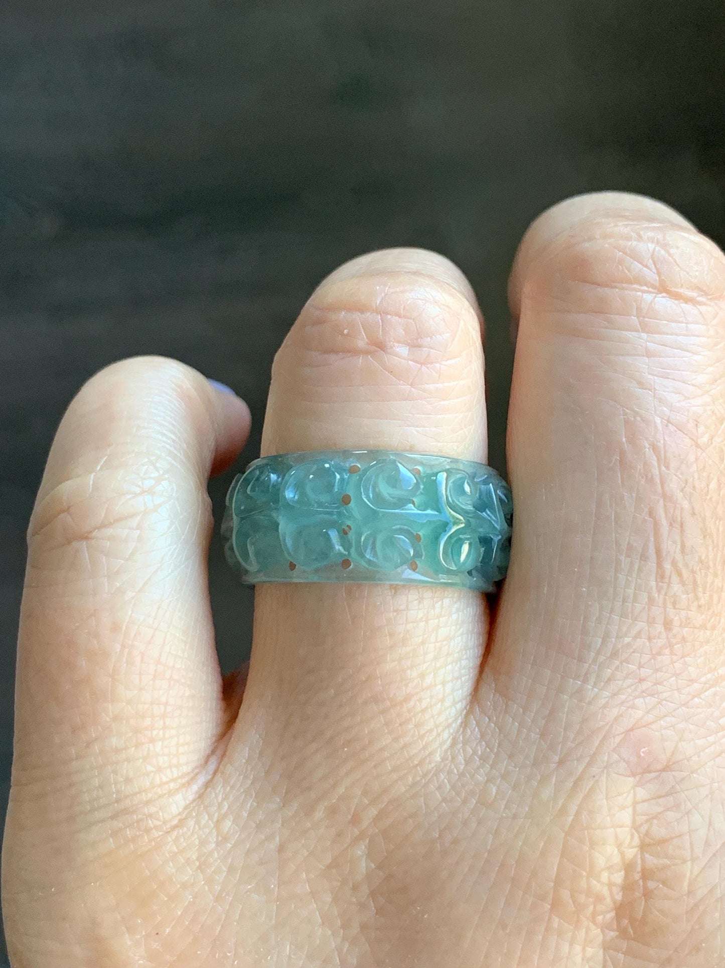 Natural Guatemalan Icy Translucent Teal Blue & Dark Green Marbled Jadeite Openwork Engraved Band Ring Size 9 US 天然冰胶危蓝绿飘花翡翠镂空雕戒圈 LKD-A