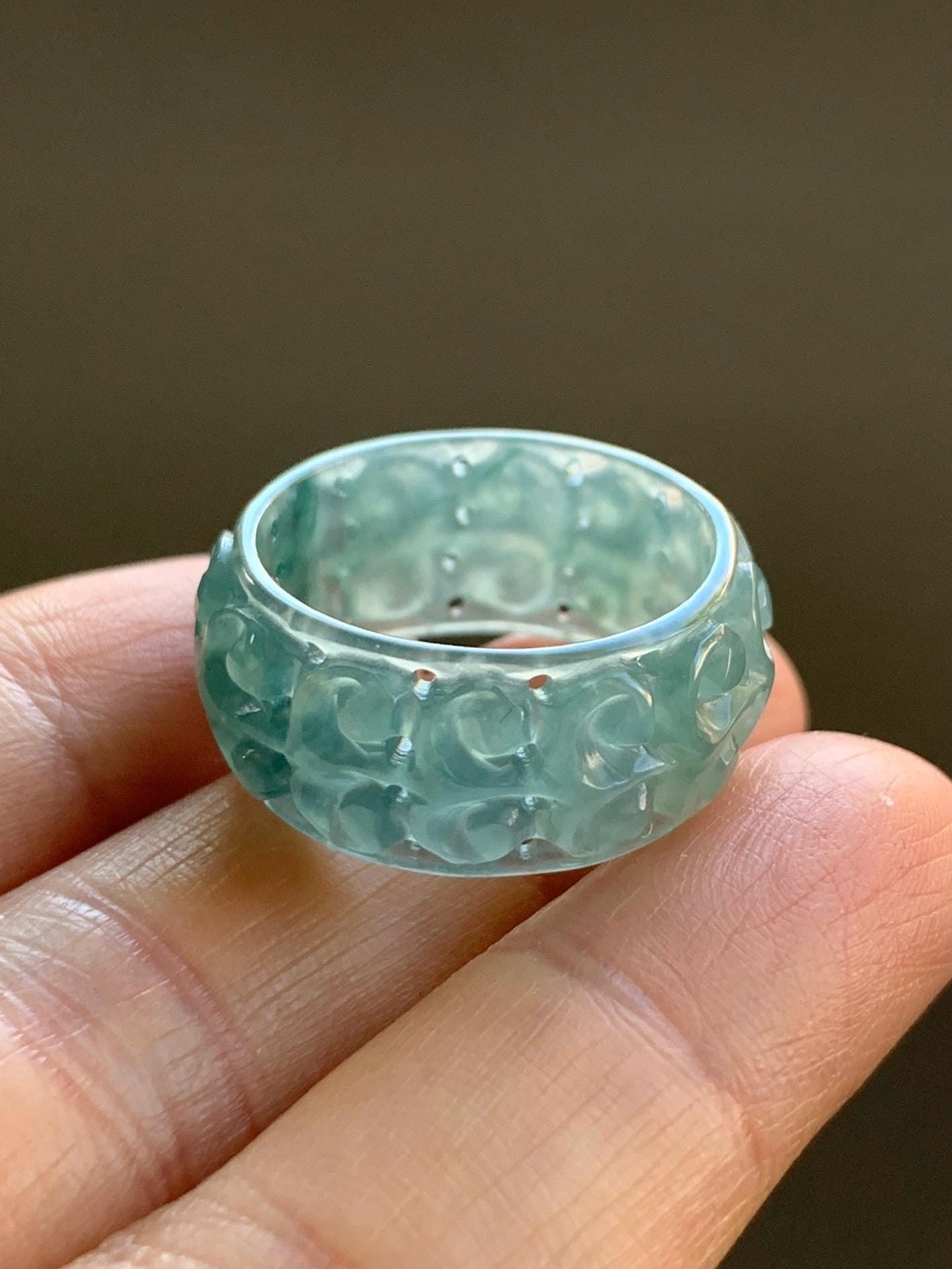 Natural Guatemalan Icy Translucent Teal Blue & Dark Green Marbled Jadeite Openwork Engraved Band Ring Size 9 US 天然冰胶危蓝绿飘花翡翠镂空雕戒圈 LKD-A