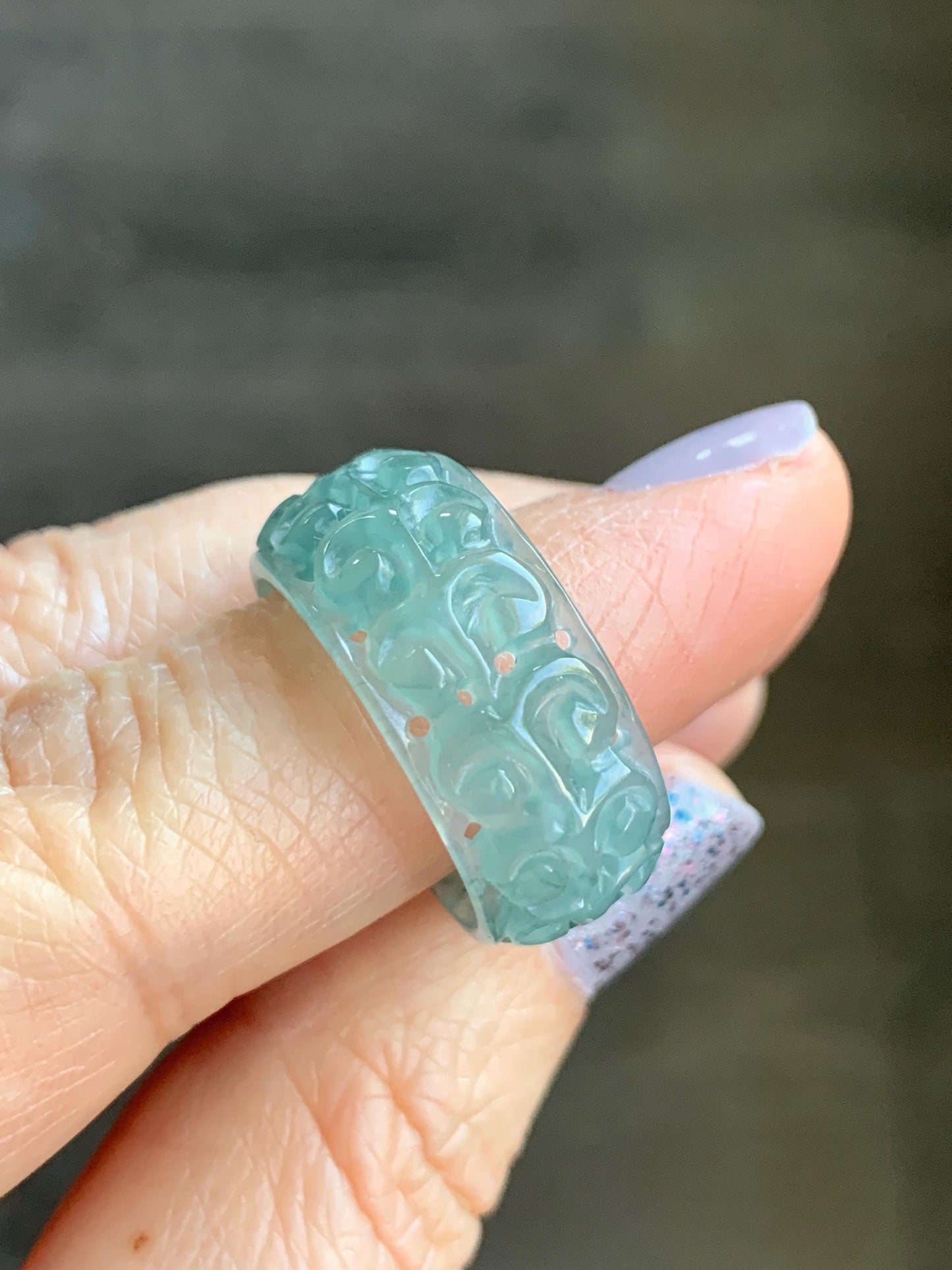 Natural Guatemalan Icy Translucent Teal Blue & Dark Green Marbled Jadeite Openwork Engraved Band Ring Size 9 US 天然冰胶危蓝绿飘花翡翠镂空雕戒圈 LKD-A