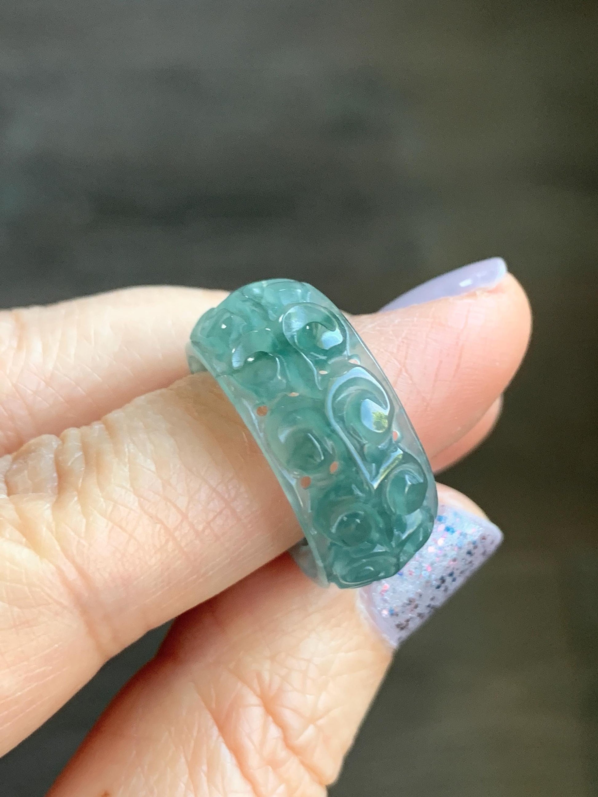 Natural Guatemalan Icy Translucent Teal Blue & Dark Green Marbled Jadeite Openwork Engraved Band Ring Size 9 US 天然冰胶危蓝绿飘花翡翠镂空雕戒圈 LKD-A