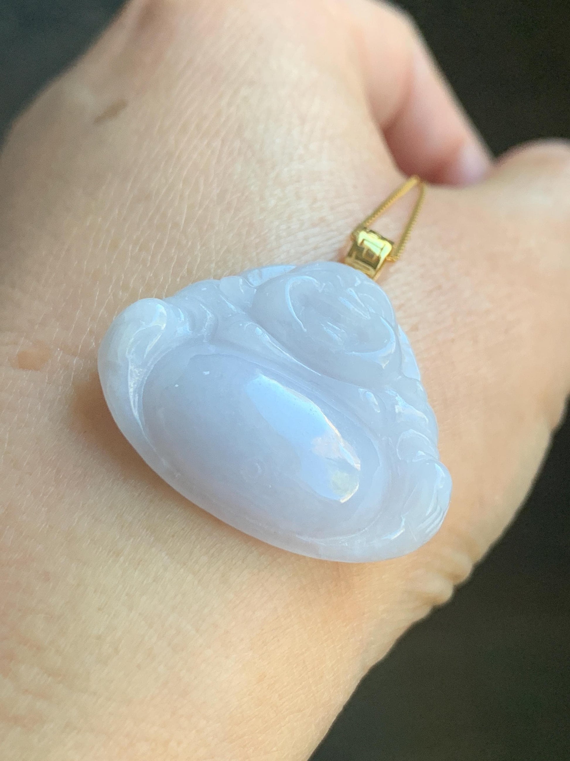 Natural Burmese Icy Translucent White Jadeite Light Purple Undertone Carved Buddha Pendant 18K Yellow Gold Bail 8g 天然缅甸细糯白冰紫底翡翠佛公镶嵌吊坠 C