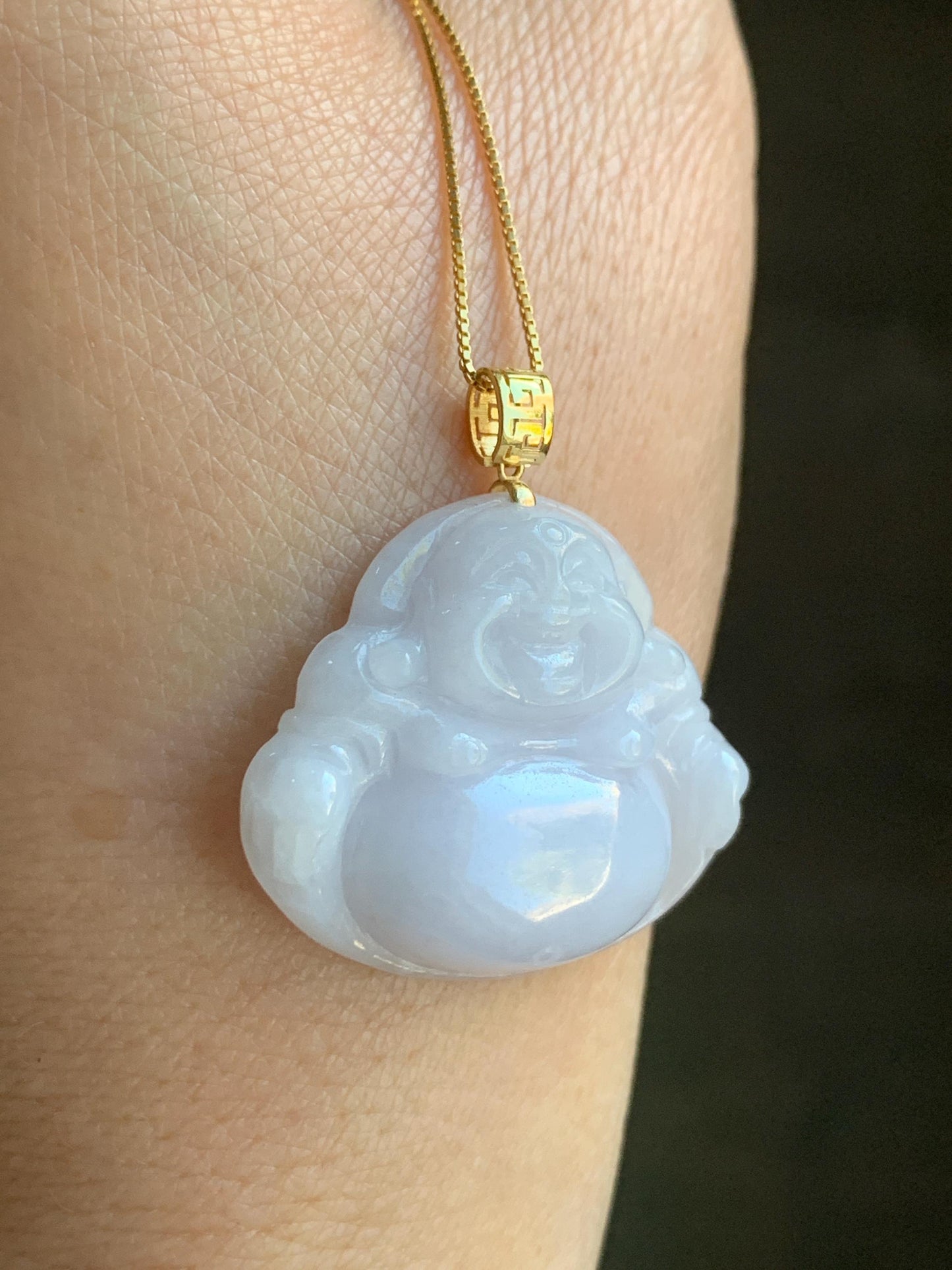 Natural Burmese Icy Translucent White Jadeite Light Purple Undertone Carved Buddha Pendant 18K Yellow Gold Bail 8g 天然缅甸细糯白冰紫底翡翠佛公镶嵌吊坠 C