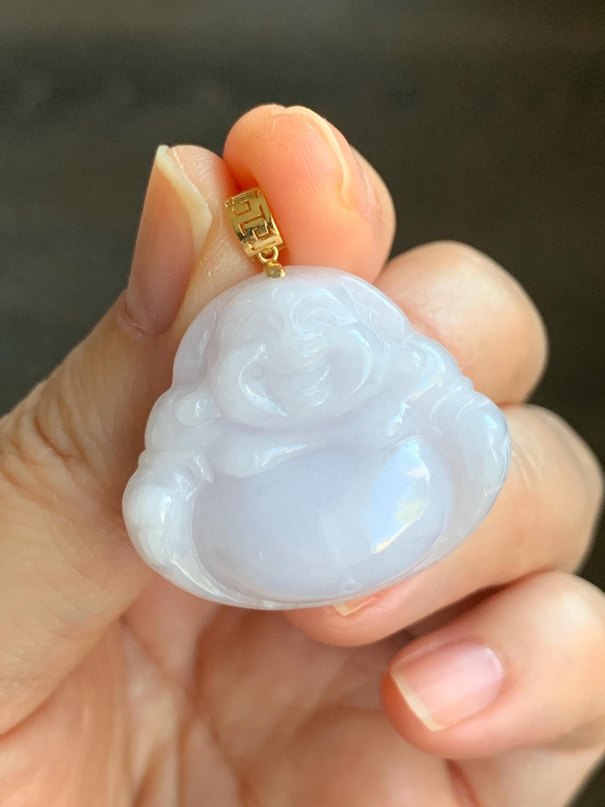 Natural Burmese Icy Translucent White Jadeite Light Purple Undertone Carved Buddha Pendant 18K Yellow Gold Bail 8g 天然缅甸细糯白冰紫底翡翠佛公镶嵌吊坠 C