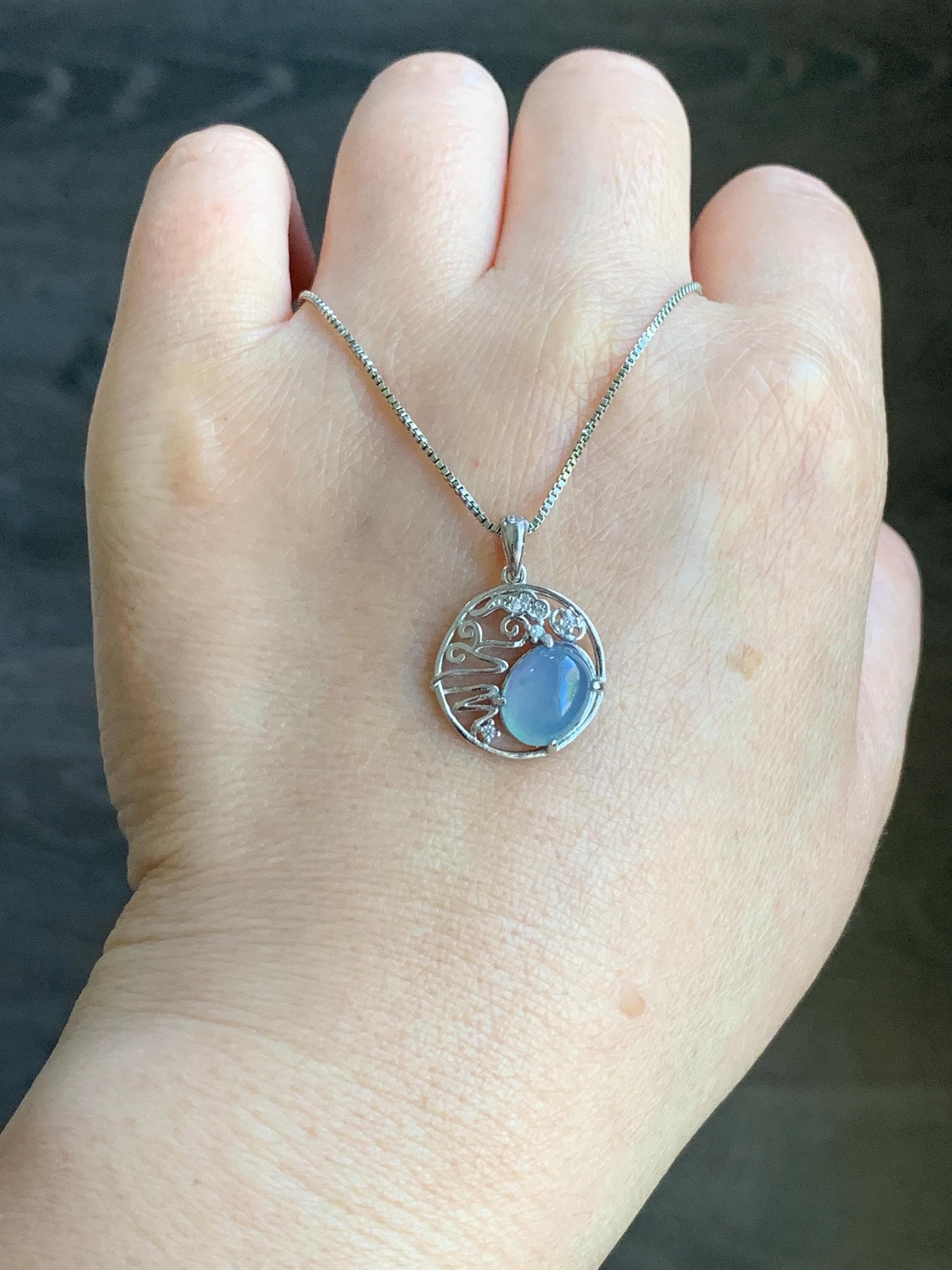 Natural Guatemalan Icy Translucent Light Blue Jadeite Circle Pendant S925 Sterling Silver 天然冰危蓝翡翠银镶吊坠