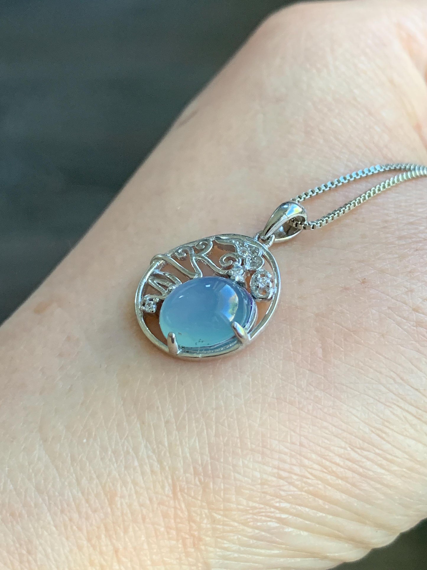 Natural Guatemalan Icy Translucent Light Blue Jadeite Circle Pendant S925 Sterling Silver 天然冰危蓝翡翠银镶吊坠