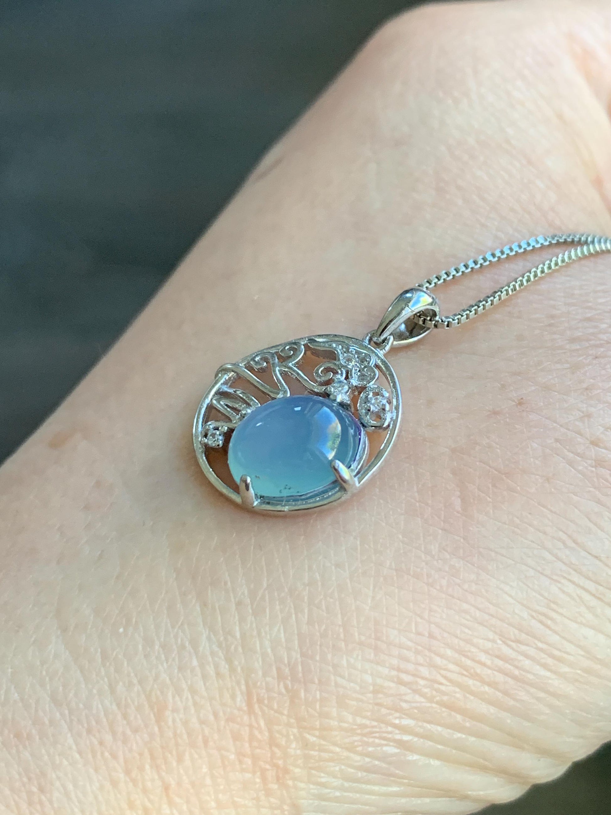 Natural Guatemalan Icy Translucent Light Blue Jadeite Circle Pendant S925 Sterling Silver 天然冰危蓝翡翠银镶吊坠