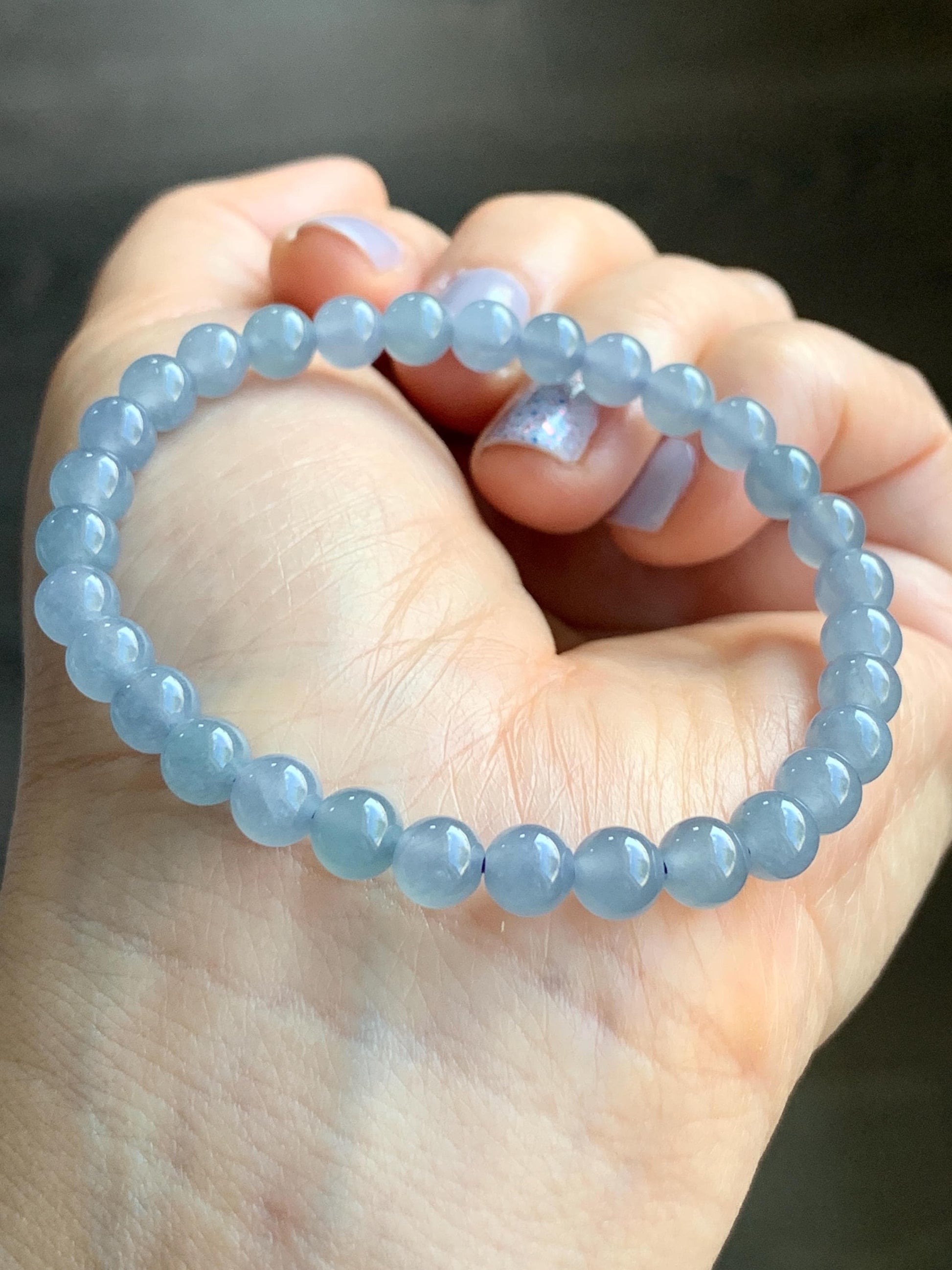 Natural Guatemalan Icy Translucent Light Blue w/ Purple Undertone Jadeite Small Beads Beaded Bracelet 5.9mm 6.75” 11g 天然冰危蓝紫翡翠圆珠手串 XLZ338