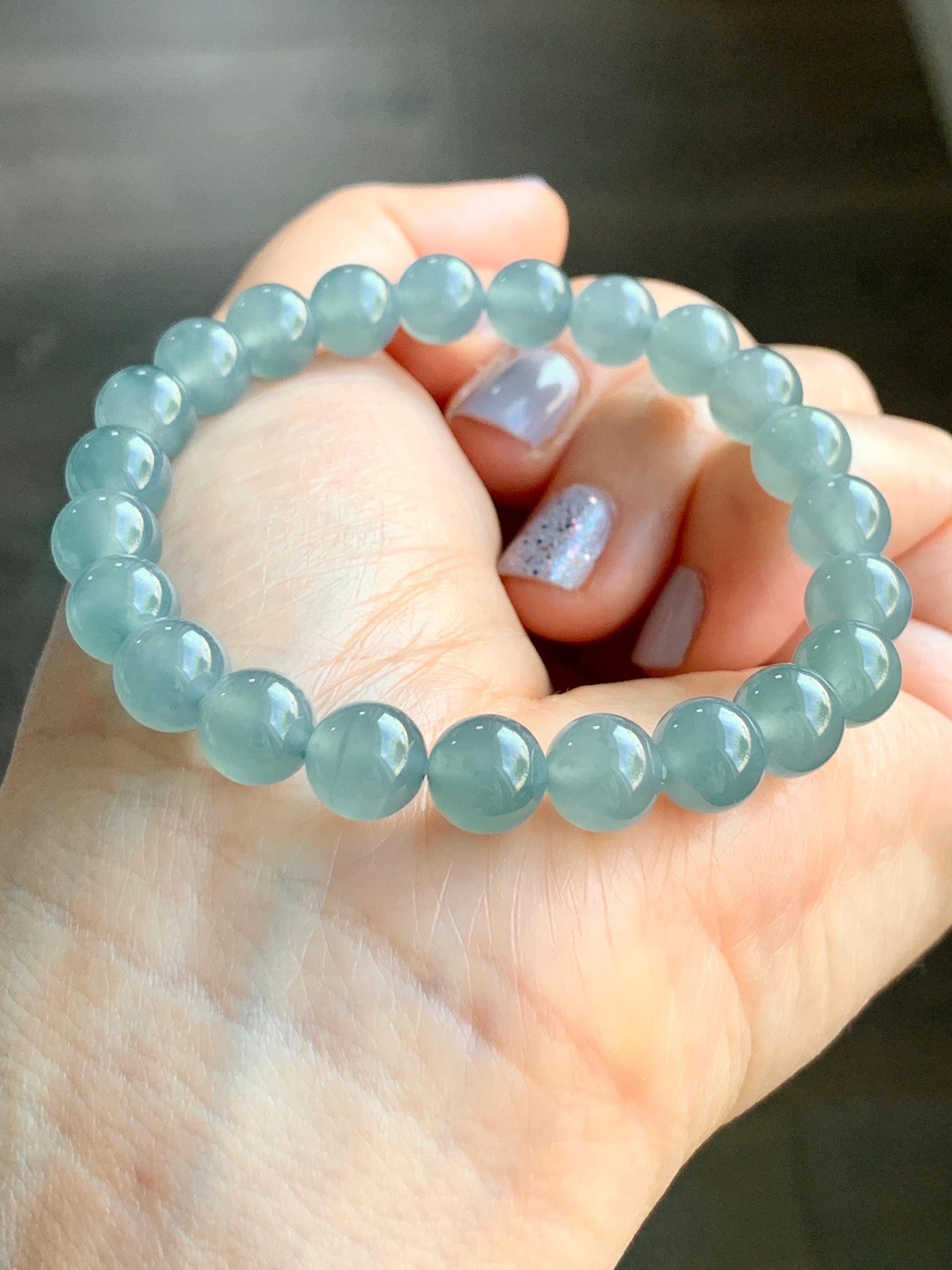 Certified Natural Guatemalan Grade A Icy Highly Translucent Dusty Teal Blue Jadeite Beaded Bracelet Stretchy 7.9mm 7” 20g 天然冰危蓝绿翡翠圆珠手串 7848