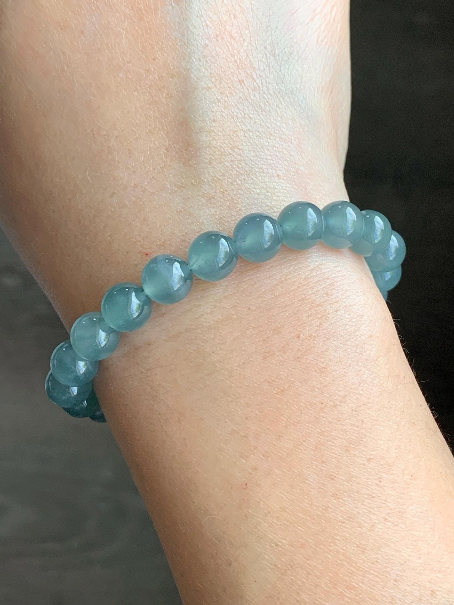 Certified Natural Guatemalan Grade A Icy Highly Translucent Dusty Teal Blue Jadeite Beaded Bracelet Stretchy 7.9mm 7” 20g 天然冰危蓝绿翡翠圆珠手串 7848