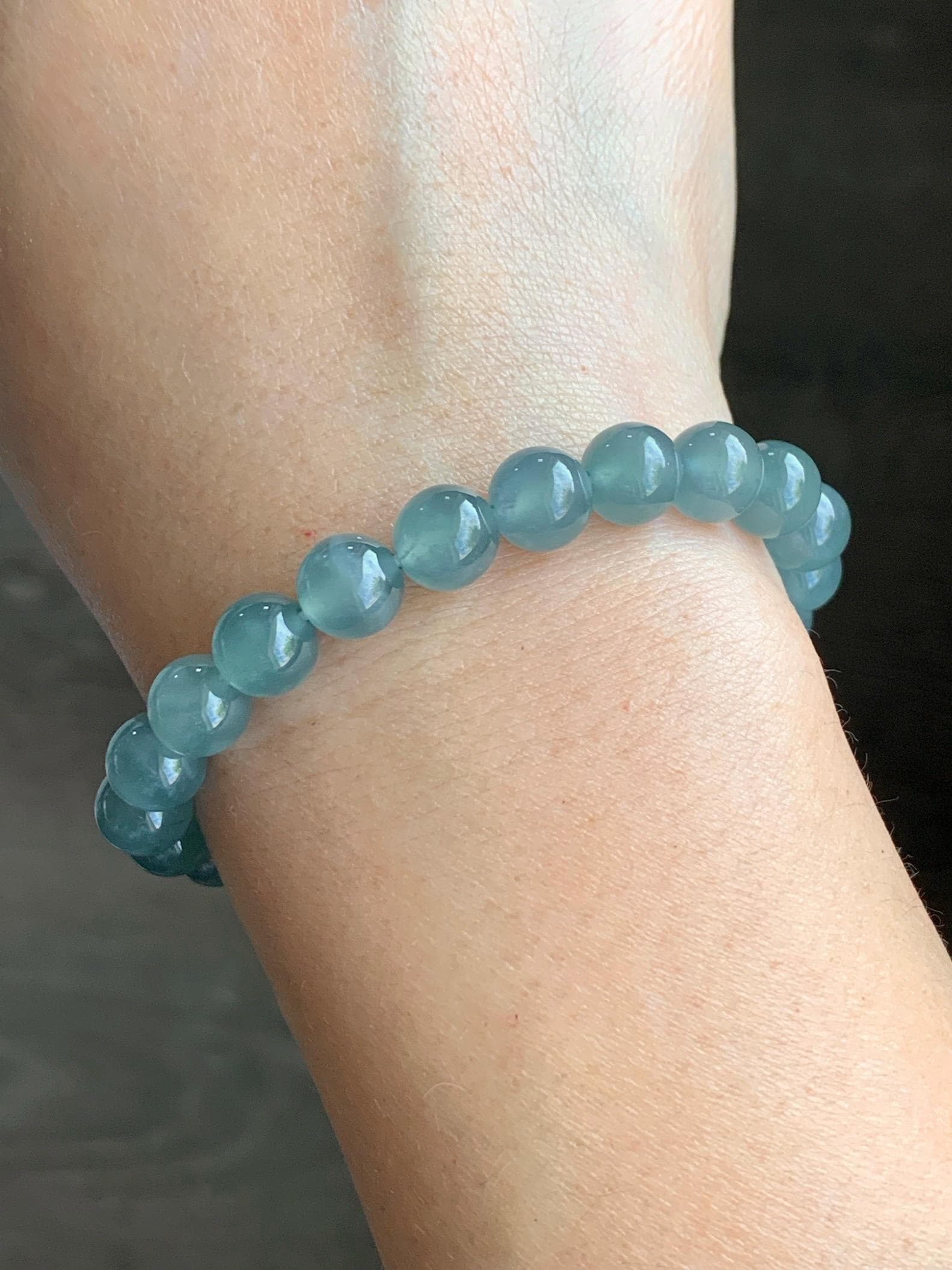 Certified Natural Guatemalan Grade A Icy Highly Translucent Dusty Teal Blue Jadeite Beaded Bracelet Stretchy 7.9mm 7” 20g 天然冰危蓝绿翡翠圆珠手串 7848